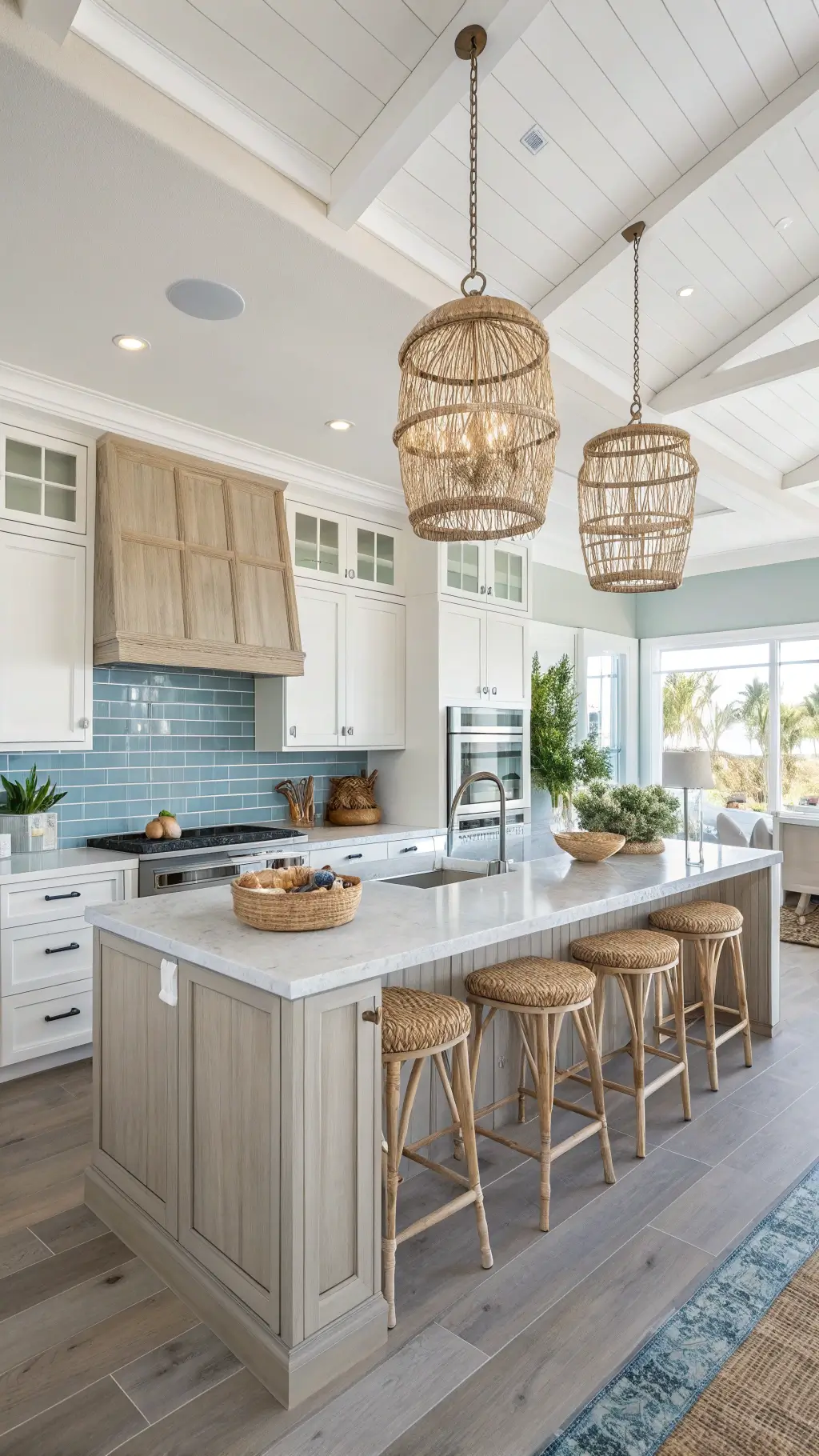 High-angle view of spacious beach-inspired kitchen featuring whitewashed birch cabinets, a blue glass tile backsplash, a driftwood-toned island with rattan barstools, and glass pendant lights, styled with sea grass baskets and coral specimens.