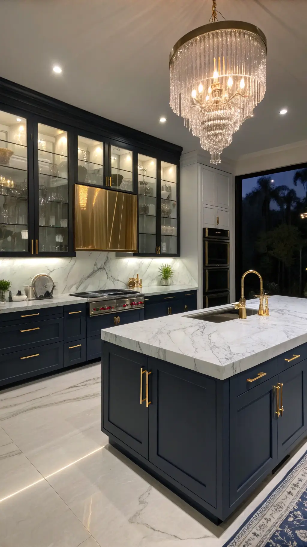 Luxurious nighttime kitchen with navy birch cabinets, gold hardware, white marble island, crystal chandelier, brass fixtures, and mirror-backed shelving, taken from a dynamic perspective.