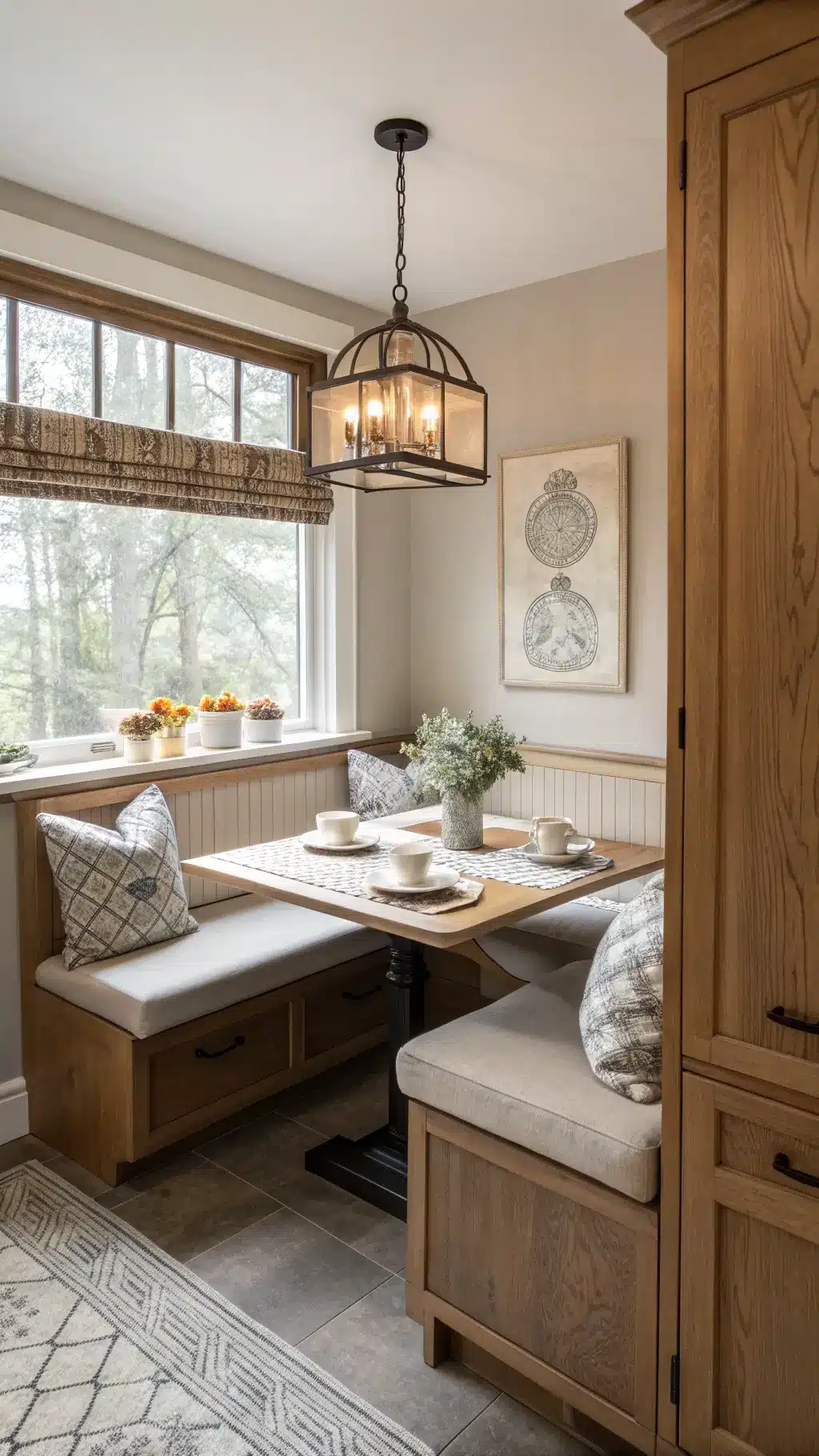 Cozy breakfast nook with morning light streaming on built-in bench seating, adjacent to a medium oak cabinet kitchen, styled with linen textiles and ceramic tableware, under a vintage pendant light.