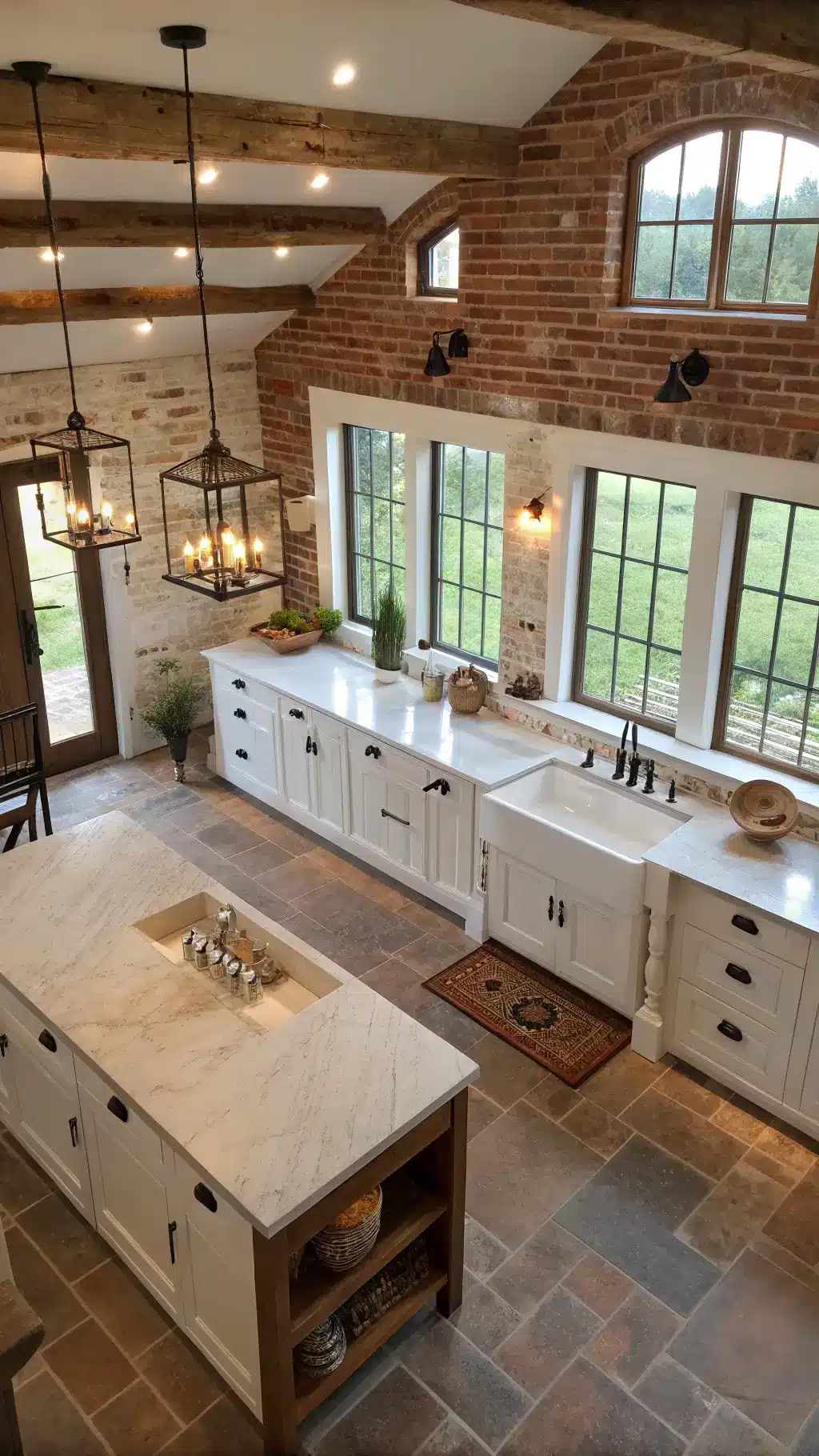 Aerial view of a spacious 22x24ft farmhouse kitchen with a 3pm ambiance, featuring white painted brick walls, reclaimed beam ceiling, white cabinets with black iron hardware, triple windows above a double farmhouse sink, and a large stone-topped island with wine storage. The kitchen decor includes vintage scales, an ironstone collection, and wooden dough bowls, with a color palette of warm white, charcoal, and natural wood.