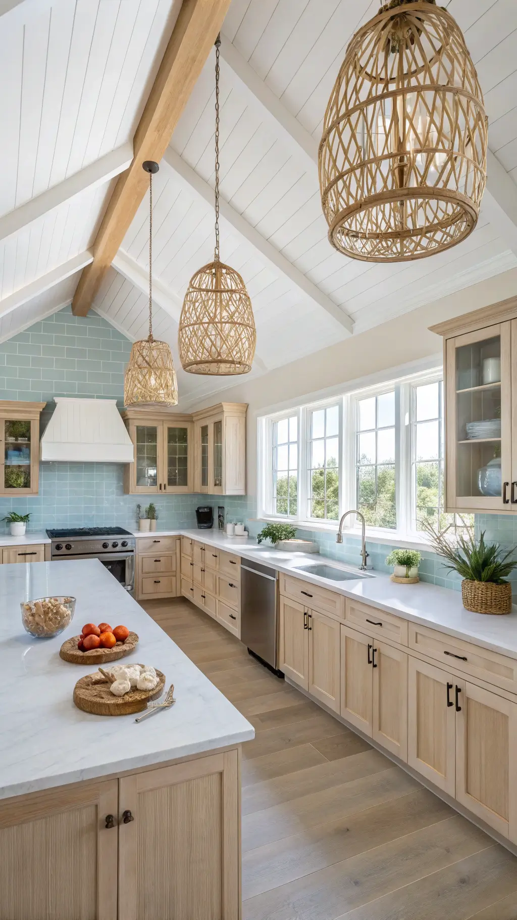 Airy coastal casual kitchen with vaulted ceilings, light maple cabinets, pale blue subway tile backsplash, white quartz counters with shells and coral, rattan pendant lights, and light oak flooring.