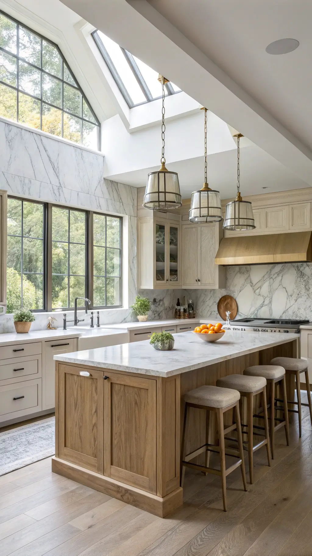 Spacious, light-filled open-concept kitchen with pale Oak cabinets, marble-veined backsplash, an island with casual seating, and touches of brass and fresh citrus accents.