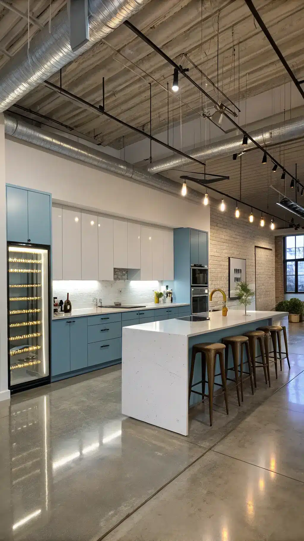 High angle view of a loft kitchen with two-tone powder blue and white cabinets, polished concrete floors, sleek quartz island seating six, and glass wine storage wall.