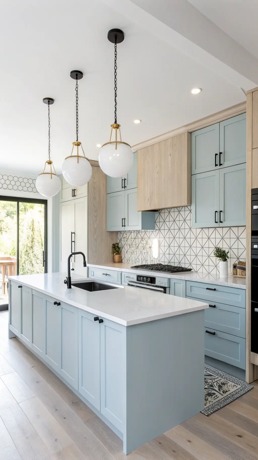 Scandinavian minimalist kitchen with powder blue cabinets, white counters, pendant globe lights, geometric tile backsplash, and black hardware.