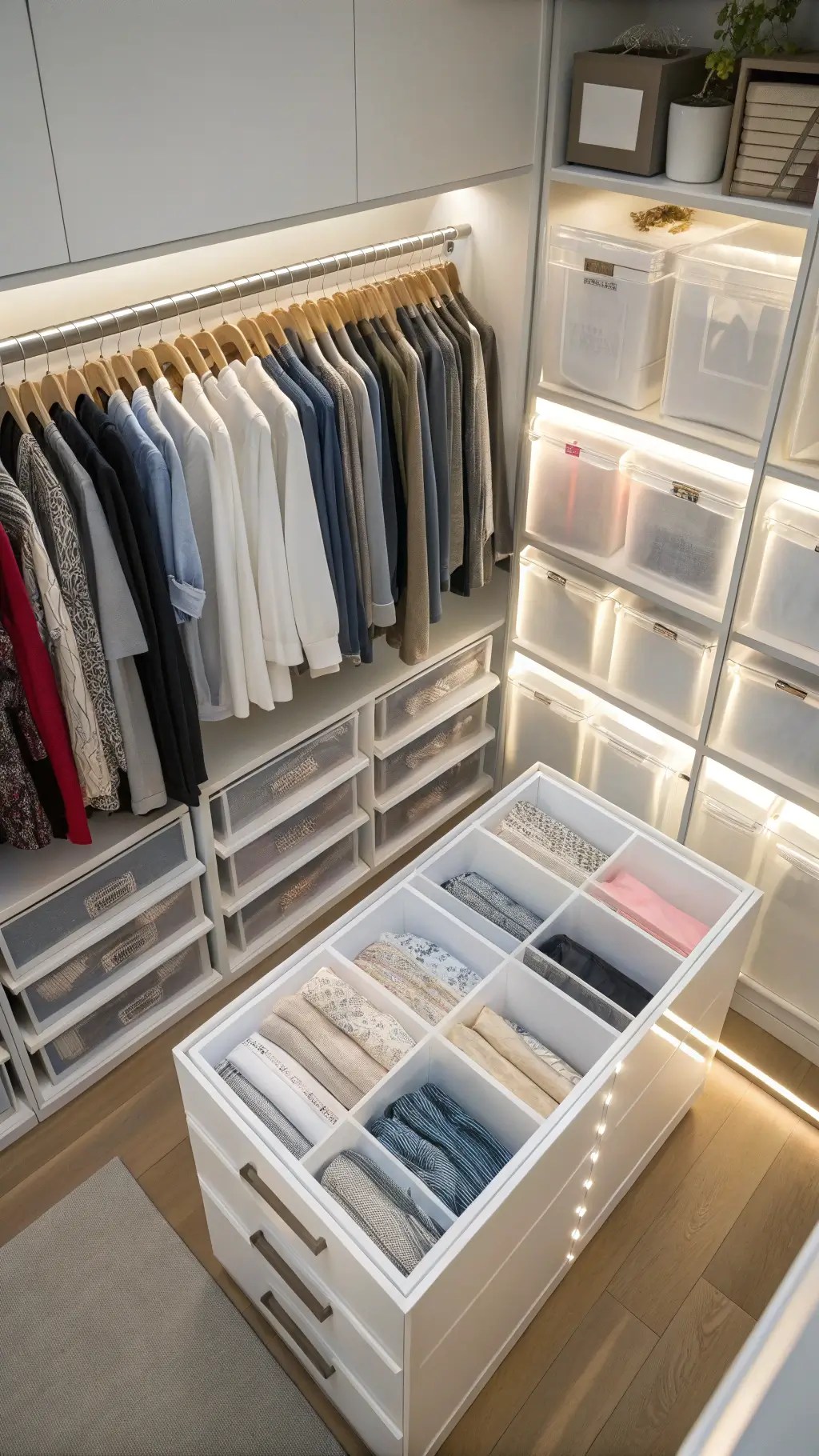 Overhead view of an organized closet system with clear storage boxes, hanging organizers, drawer units in white, and clothes arranged by color under cool LED lighting.