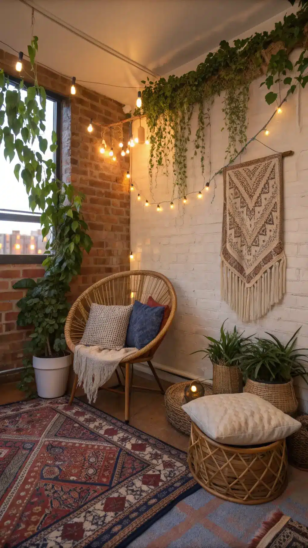 Boho Dream dorm corner with exposed brick wall, pothos plants, macramé wall hanging, vintage rattan chair, Persian-style rugs, string lights, and decorative items at golden hour.