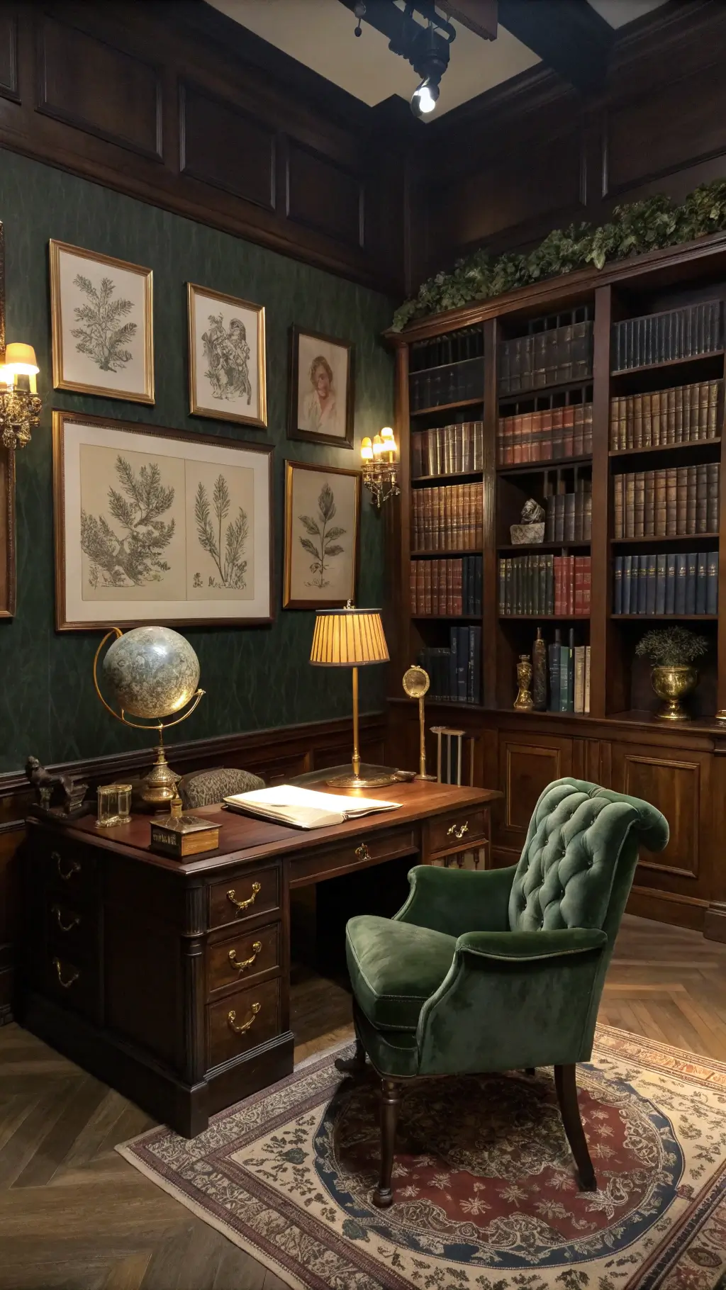 Dusk view of a Dark Academia inspired dorm featuring a mahogany desk under a brass library lamp, surrounded by vintage botanical prints, a velvet reading chair, a book-filled shelf, and antique accessories.