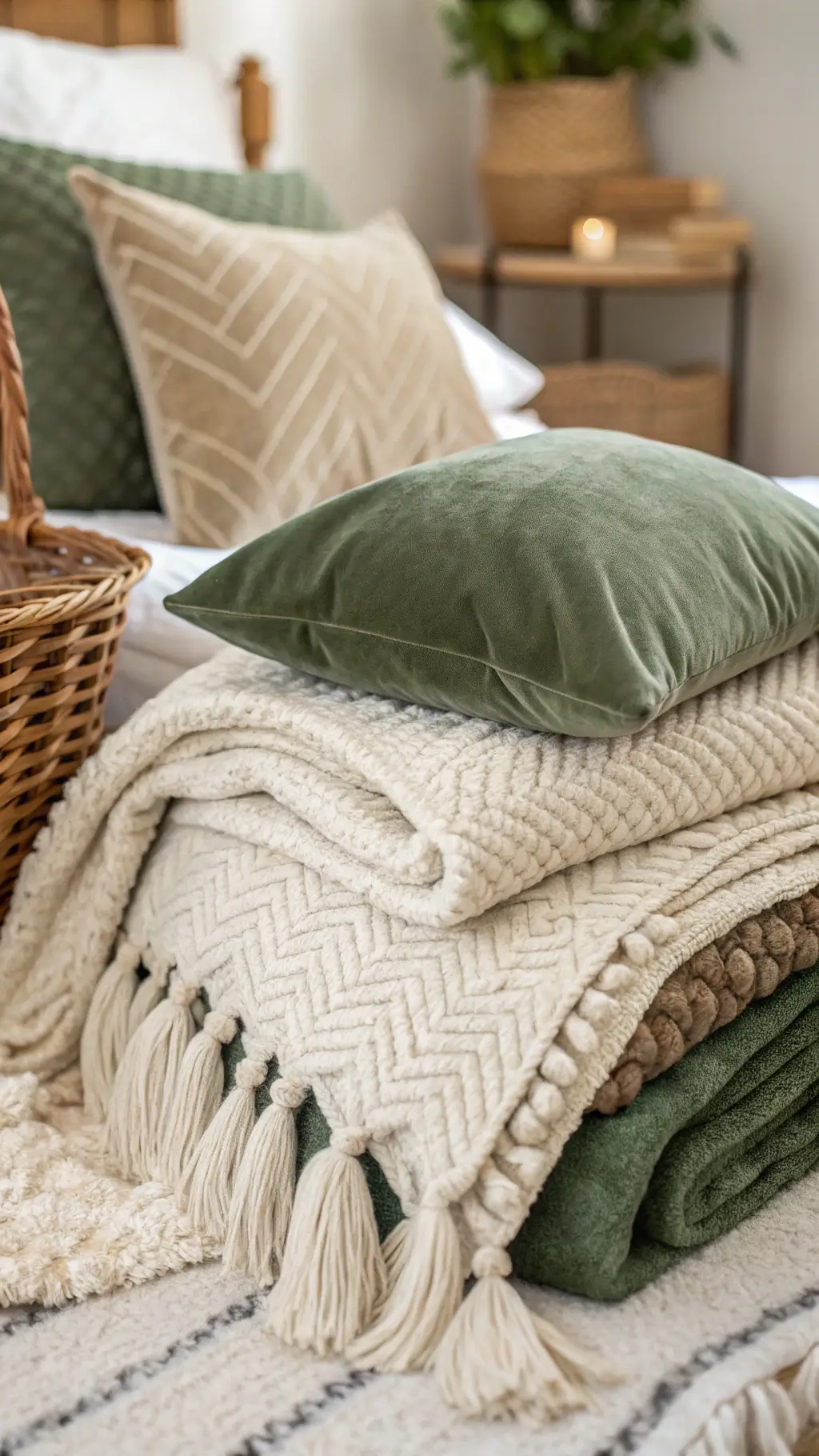 Close-up of a dorm room detail with layered bedding in cream, taupe, and sage green, basket wall arrangement, and a sheepskin rug, shot at f/2.8 for highlighted textile details.