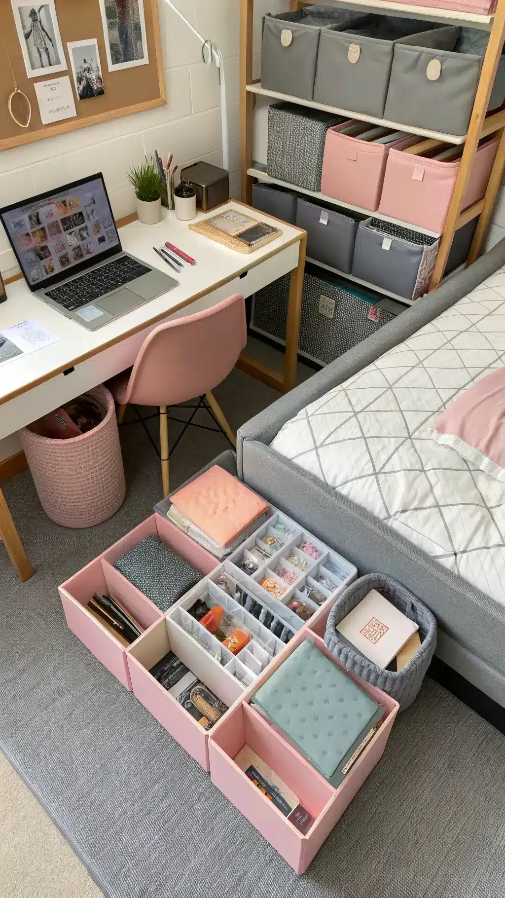 Bird's-eye view of an organized dorm room featuring multi-functional furniture like a storage ottoman, under-bed bins and a desk with organizers, in shades of blush and gray showcasing innovative space-saving techniques, shot at f/8 for maximum detail.