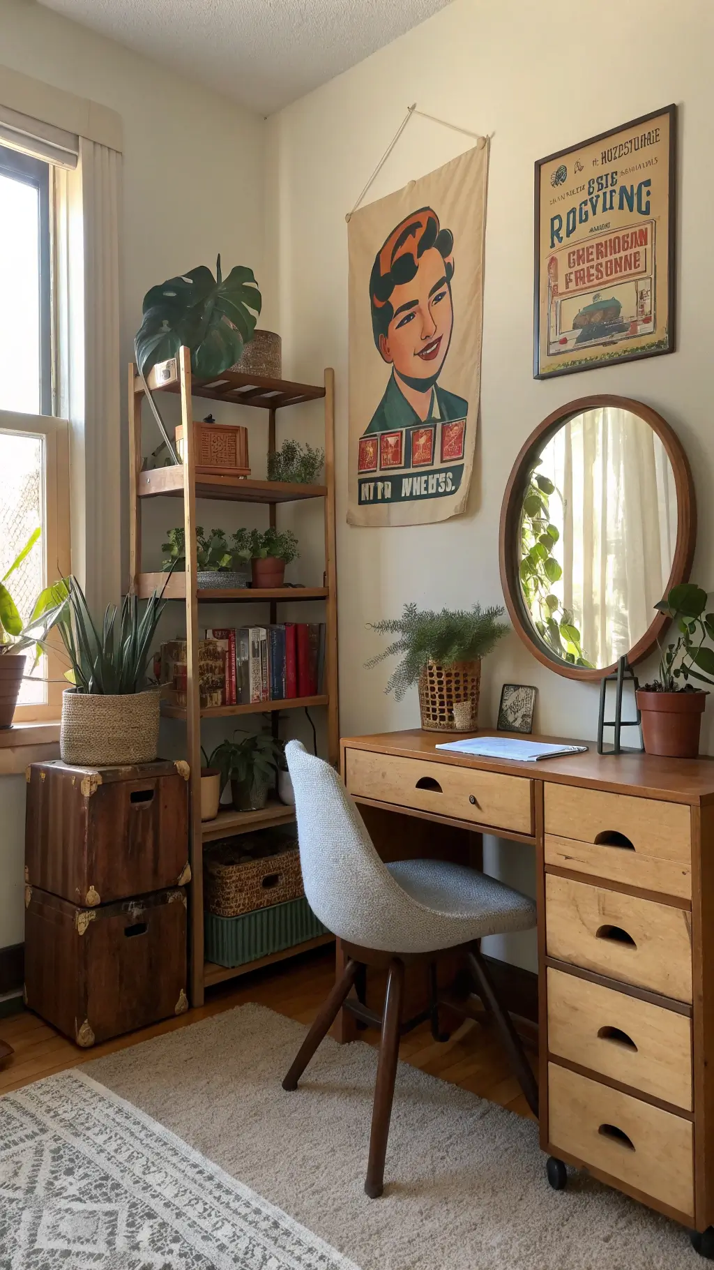 Eclectic dorm room bathed in afternoon light, featuring vintage furnishings like a restored desk chair, brass mirror, retro poster art, plants in thrifted pottery, and upcycled crate shelves.