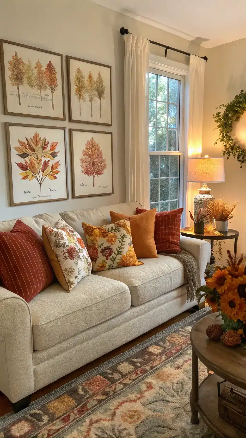 Transitional summer to fall living room decor with updated throw pillows, replaced artwork, and seasonal botanicals, illuminated by golden hour window light