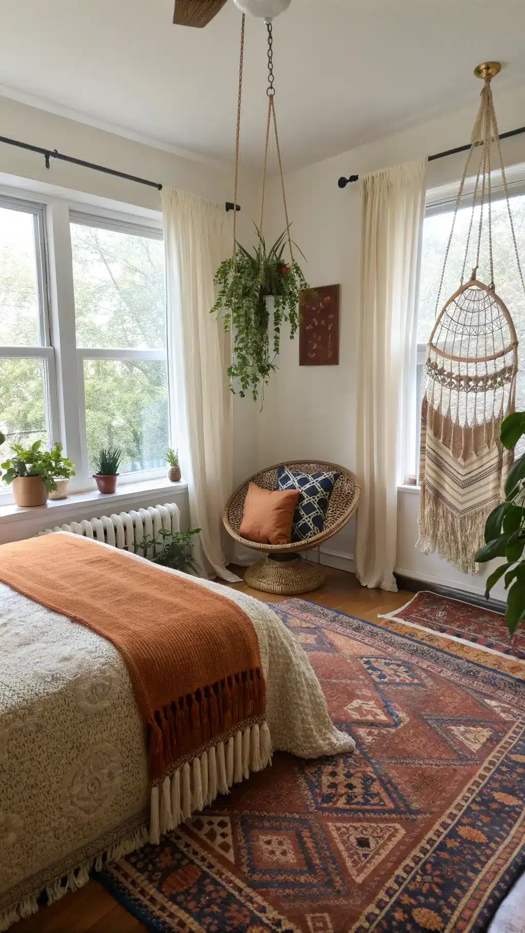 Boho-chic dorm room with natural light, layered vintage rugs, a rattan hanging chair, plants in macramé hangers, metallic accents, and textured bedding with geometric pillows.