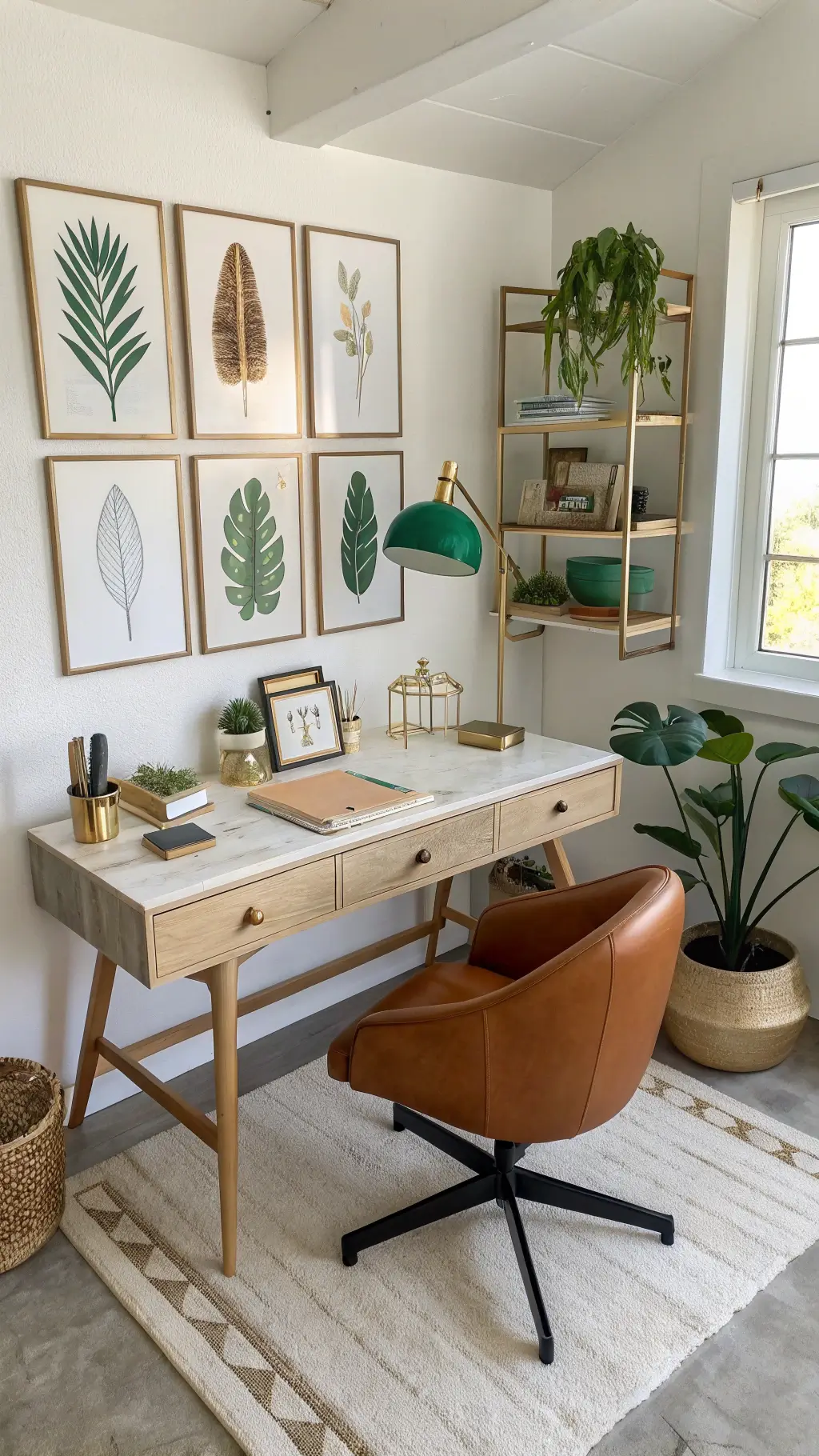 Bright, sunlit 14x16ft dorm workspace with white oak desk, brass accessories, emerald green desk lamp, floating shelves, cognac leather chair, botanical prints in gold frames, cream wool rug on concrete floor, and a fiddle leaf fig plant.