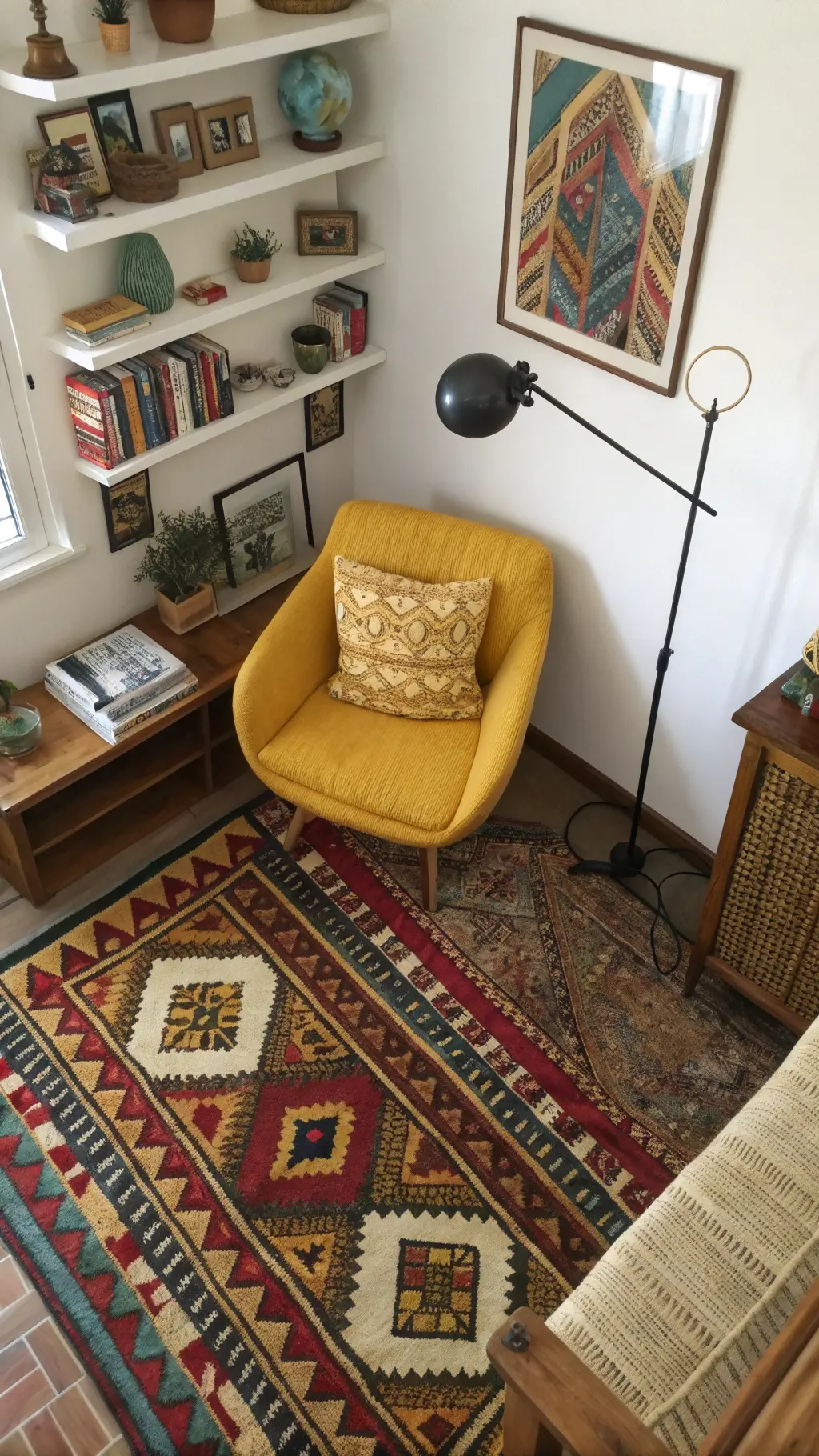 Overhead view of an eclectic dorm corner featuring a vintage kilim rug over sisal, a mustard yellow reading chair with an aboriginal throw pillow, an industrial floor lamp, a rattan side table, and global artifacts on floating shelves in rich jewel tones.