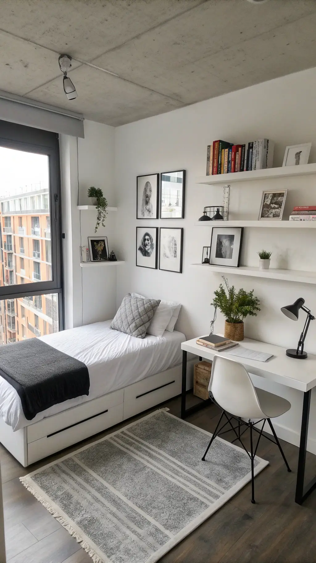 Elevated corner view of a 10x12ft monochromatic dorm room with a platform bed, floating shelves displaying books and a planter, a sleek desk with a clear acrylic chair, and a black metal floor lamp. Room also features a gallery wall of black and white photos.