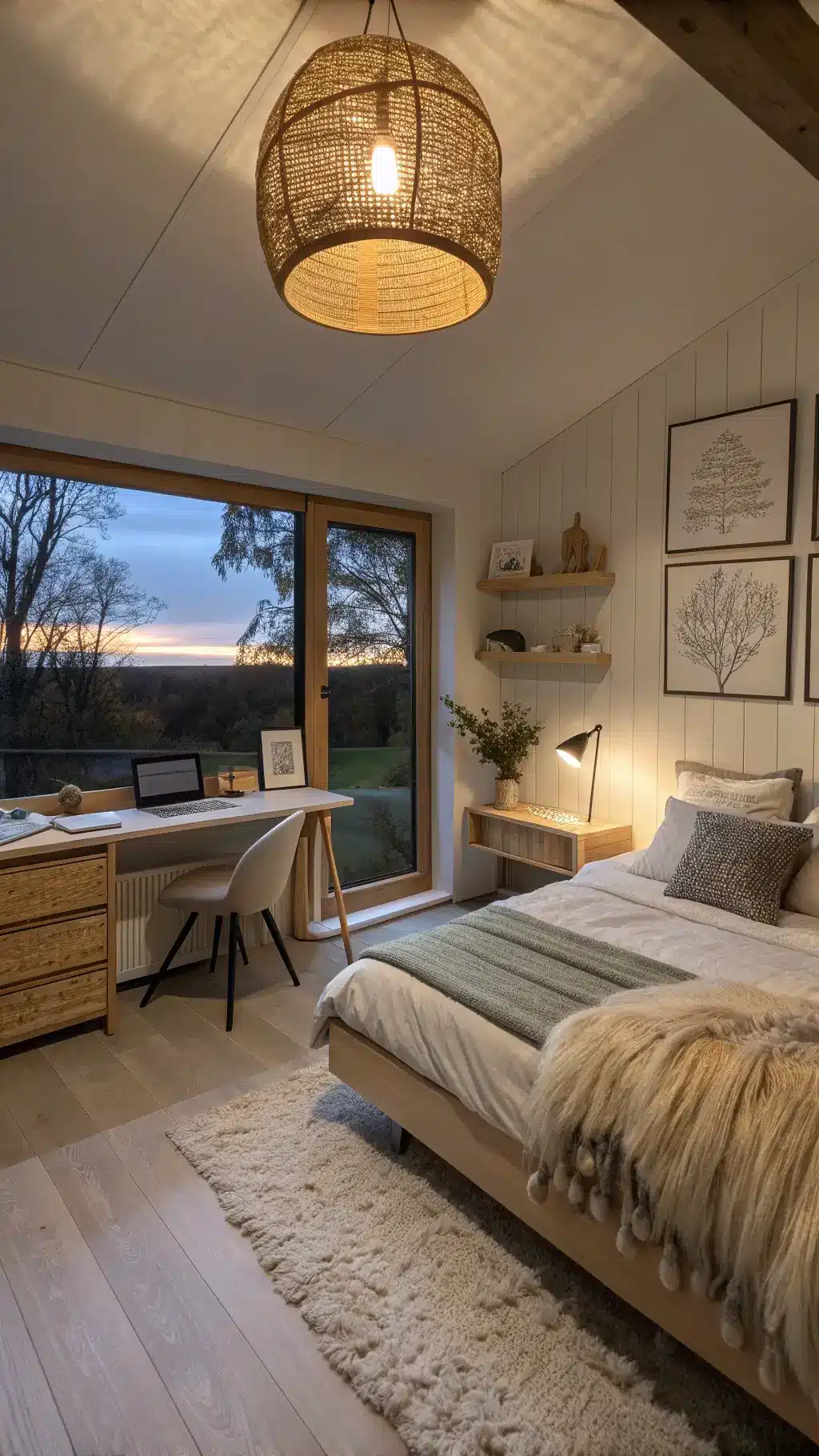 Scandi-inspired bedrooms features warm oak furniture, waffle-textured bedding in oatmeal and sage colors, sheepskin throws draped over desk chair and reading nook, and minimal line art in black frames, under the glow of an oversized woven pendant light.