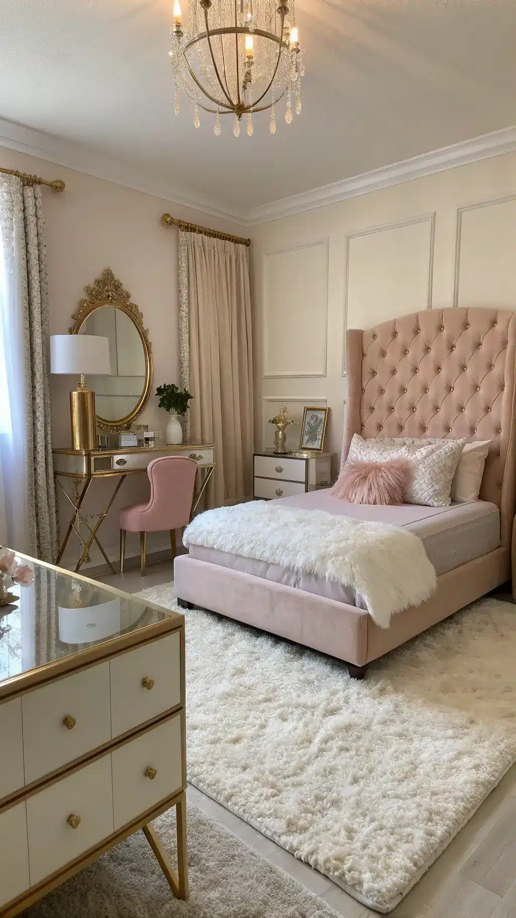 An elegantly decorated 11x13ft academic retreat room basking in the late afternoon glow, featuring a luxurious pale pink velvet tufted headboard, mirrored nightstand with glass table lamp, a gold-framed mirror feature wall, and art deco accents. A white faux fur rug is layered over neutral carpet. Lucite desk accessories dramatically capture the light. Gold silk curtains flow onto the floor, and a ghost chair with a metallic pillow adds extra glamour.