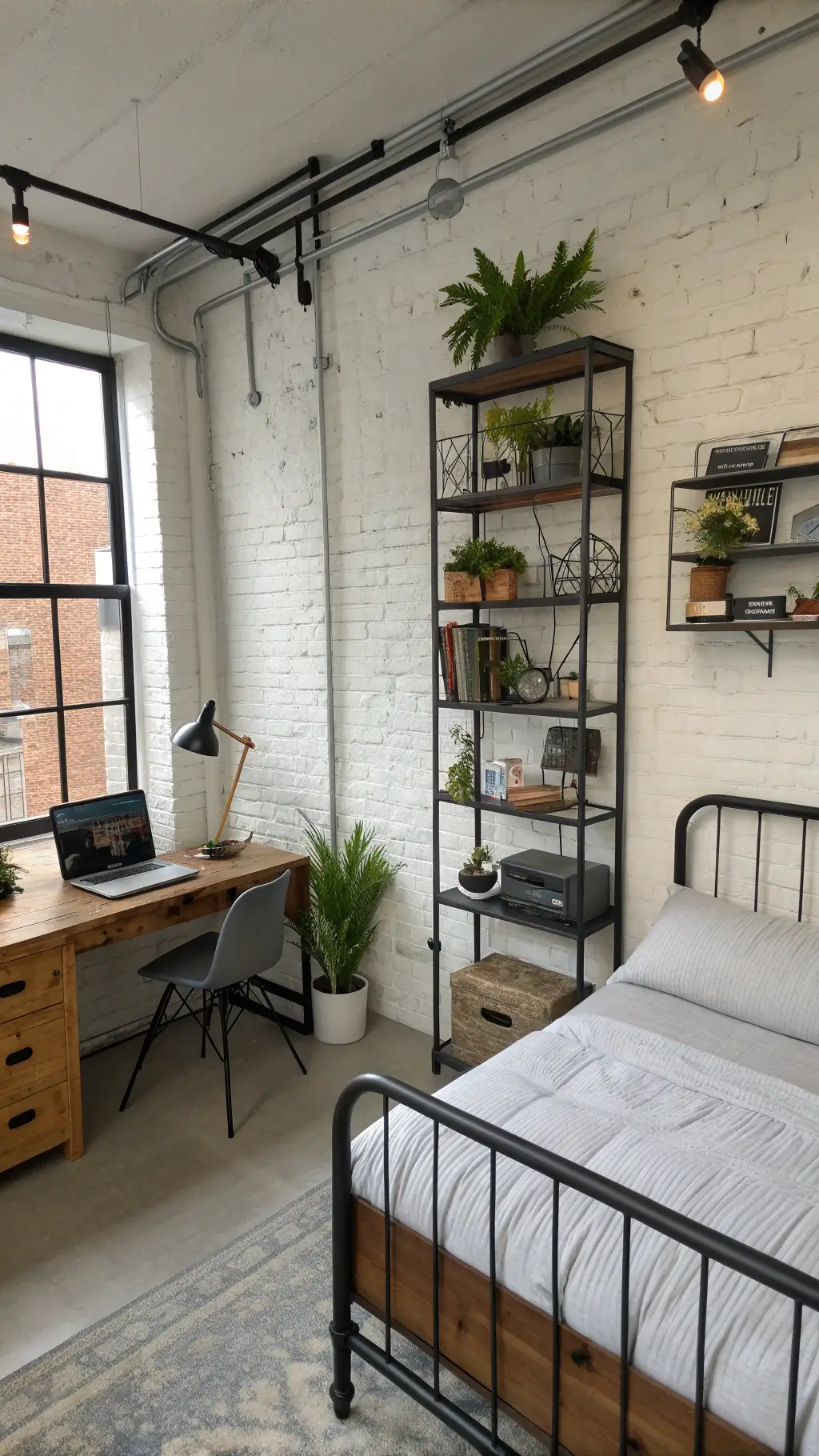 High angle view of an industrial chic studio with white brick wall, metal shelving, grey bed, desk lamp with USB port, concrete planters with succulents, black and white photographs in metal frames and leather accents.