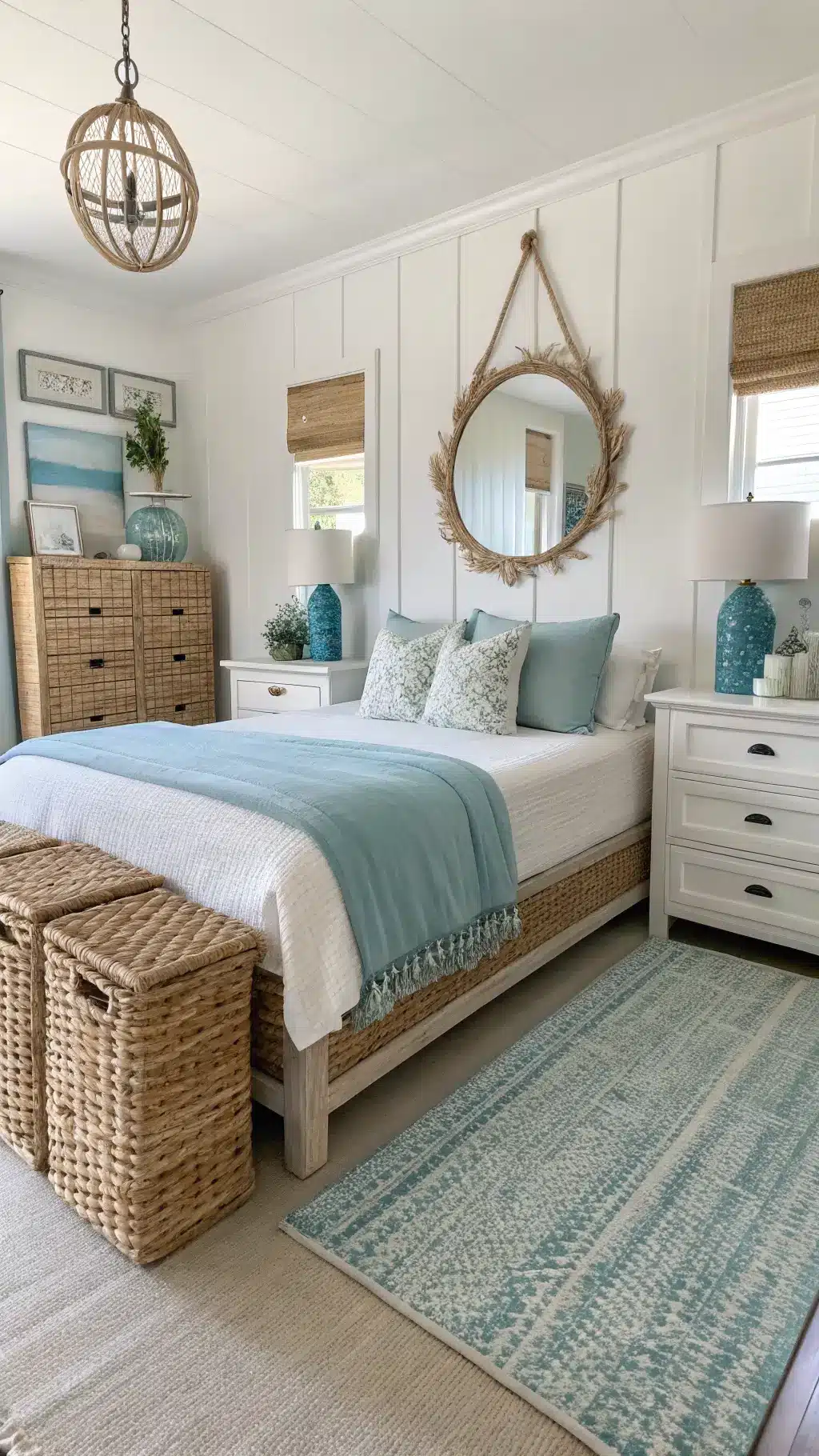 Bright coastal-inspired bedroom with seafoam and sand color palette, whitewashed wooden furniture, blue ombre tapestry, rope-wrapped mirror and glass bottles, white linen bedding with blue accent pillows, and seagrass baskets under elevated bed.
