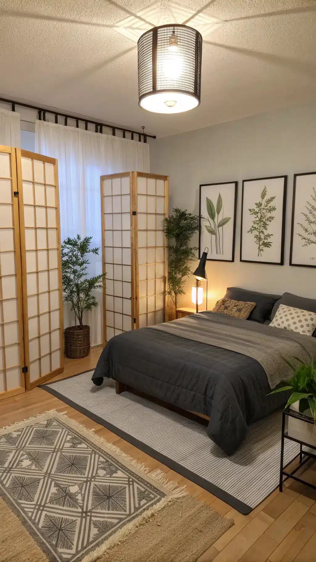 Zen Den in Japandi style with soft twilight, bamboo room divider screens, low platform bed with charcoal linen bedding, black steel floor lamp and minimalistic artwork in wooden frames; bonsai and peace lily plants on windowsill; geometric natural fiber rug; meditation cushion on tatami-style mat