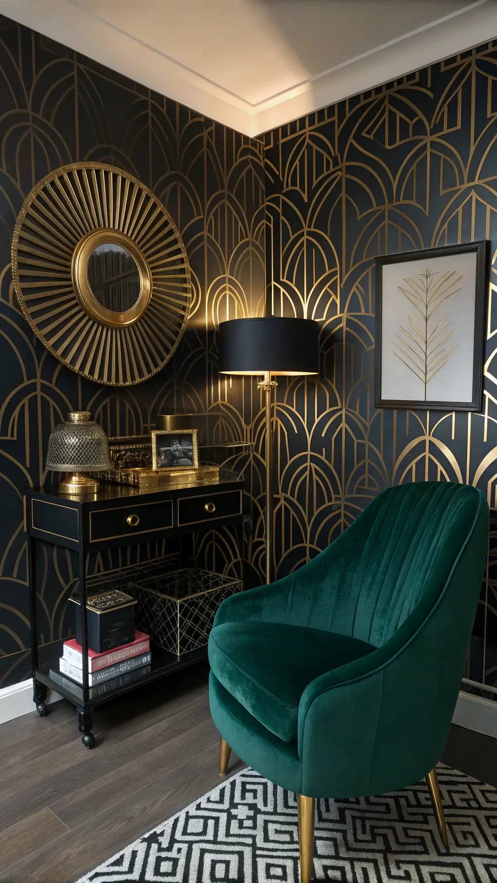 Art Deco revival room with bold black and gold geometric patterns, sunburst mirror above bed with channeled headboard, emerald green velvet accent chair, black lacquered desk with brass hardware, fan-pattern wallpaper accent wall, crystal table lamp with black shade, and gold bar cart styled with books and vintage objects, all under dramatic evening lighting.
