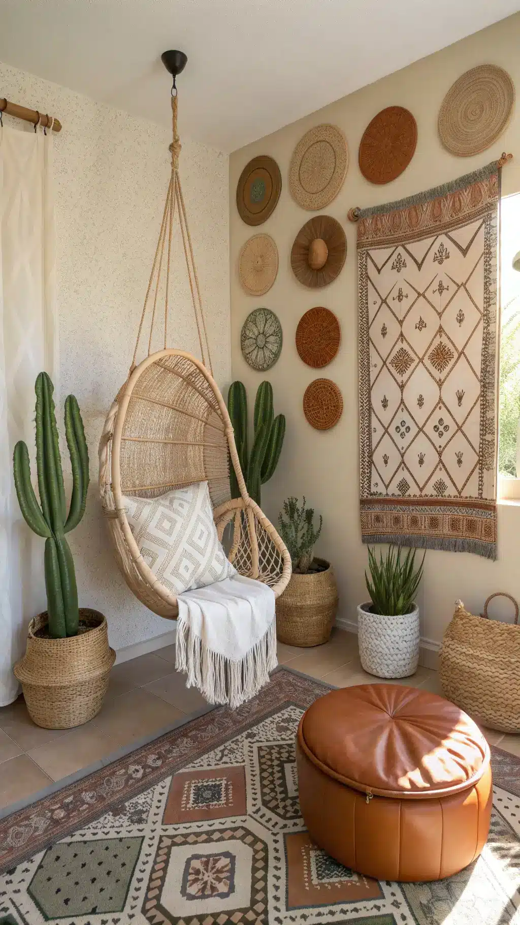 Cozy 13x13ft boho style bedroom with terracotta and sage color palette, southwestern pattern tapestry headboard, cacti and succulents in terra cotta pots, rattan hanging chair with ivory cushion, woven wall baskets, leather pouf ottoman and sand-colored bedding.