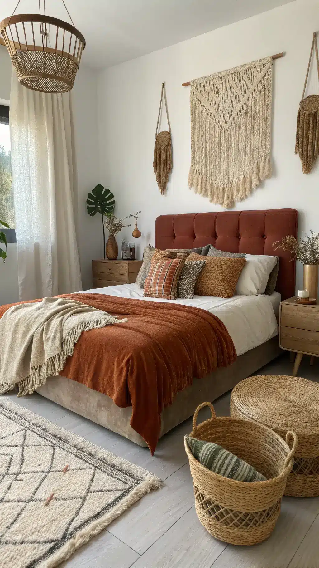 Midday light highlighting a carefully curated textile collection in a small space featuring macramé wall hanging, velvet upholstered headboard, woven storage baskets, and handknit throws in earthy tones, shot with wide angle lens to convey a mood of artisanal comfort.