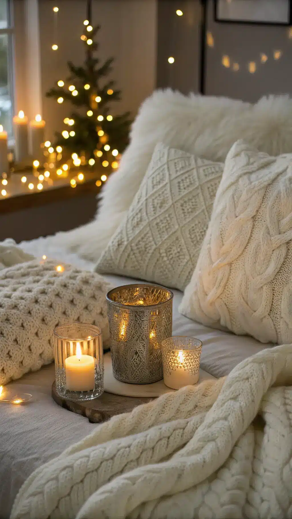 Cozy winter bedroom scene with chunky cream cable knit throws, arctic white faux fur pillows, and shimmering mercury glass accessories under the glow of warm LED candles.