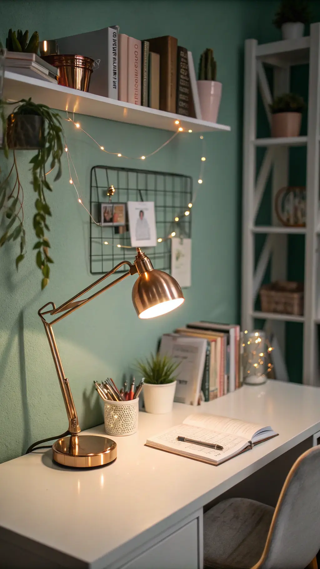 Cozy desk workspace with copper accessories, minimalist organizers, and a succulent illuminated by a warm lamp, under floating shelves filled with hardcover books and personal items against a sage green wall during blue hour.