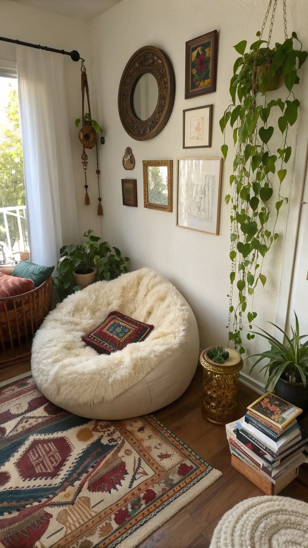 Overhead view of a boho-style dorm corner with a cream faux fur bean bag in a reading nook, surrounded by plants in macramé hangers, Moroccan-style cushion, brass mirrors, and vintage art on the wall.
