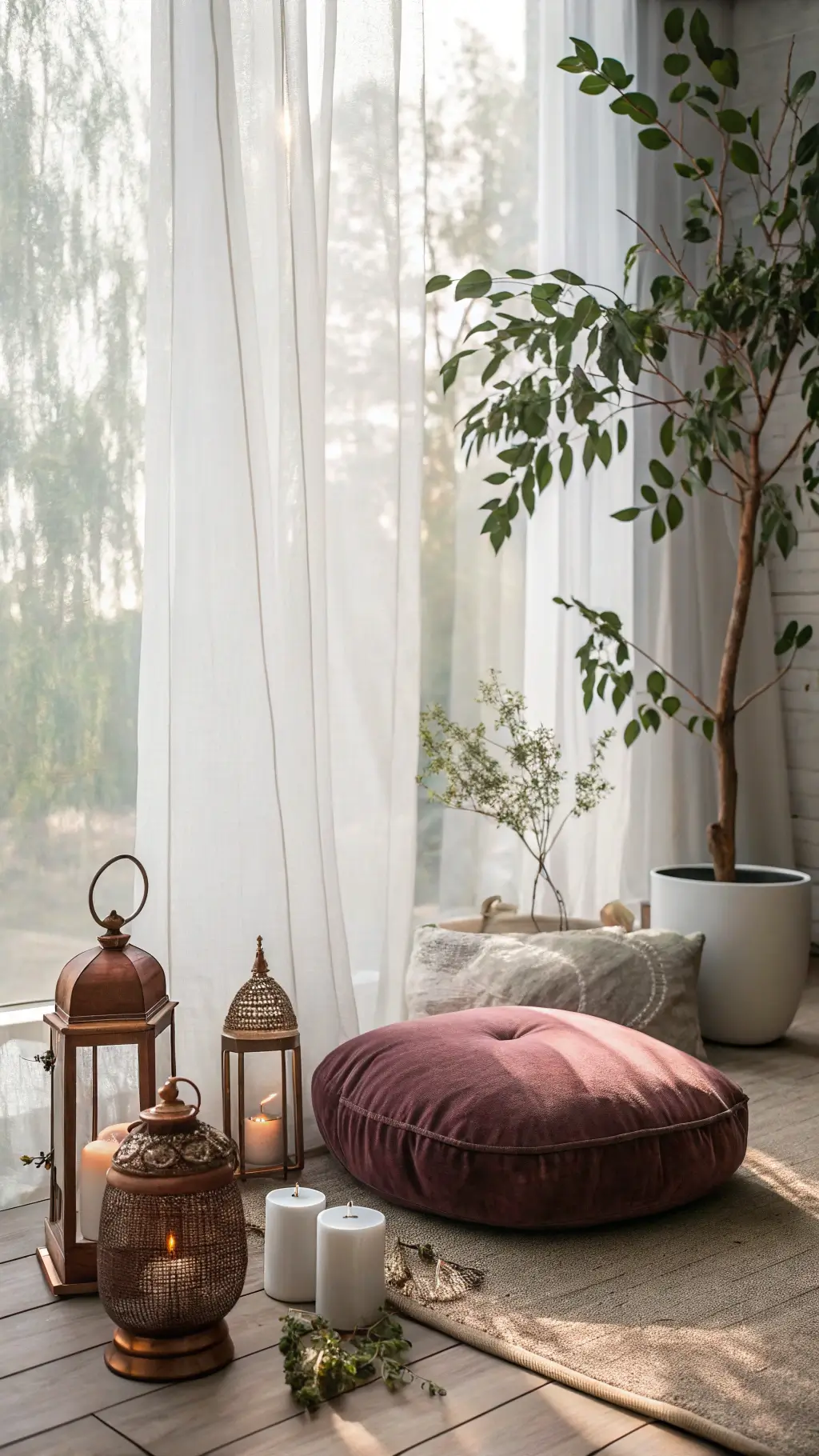Meditation corner with dusty mauve velvet cushion, copper lanterns, white ceramic vessels and trailing eucalyptus in ethereal morning light