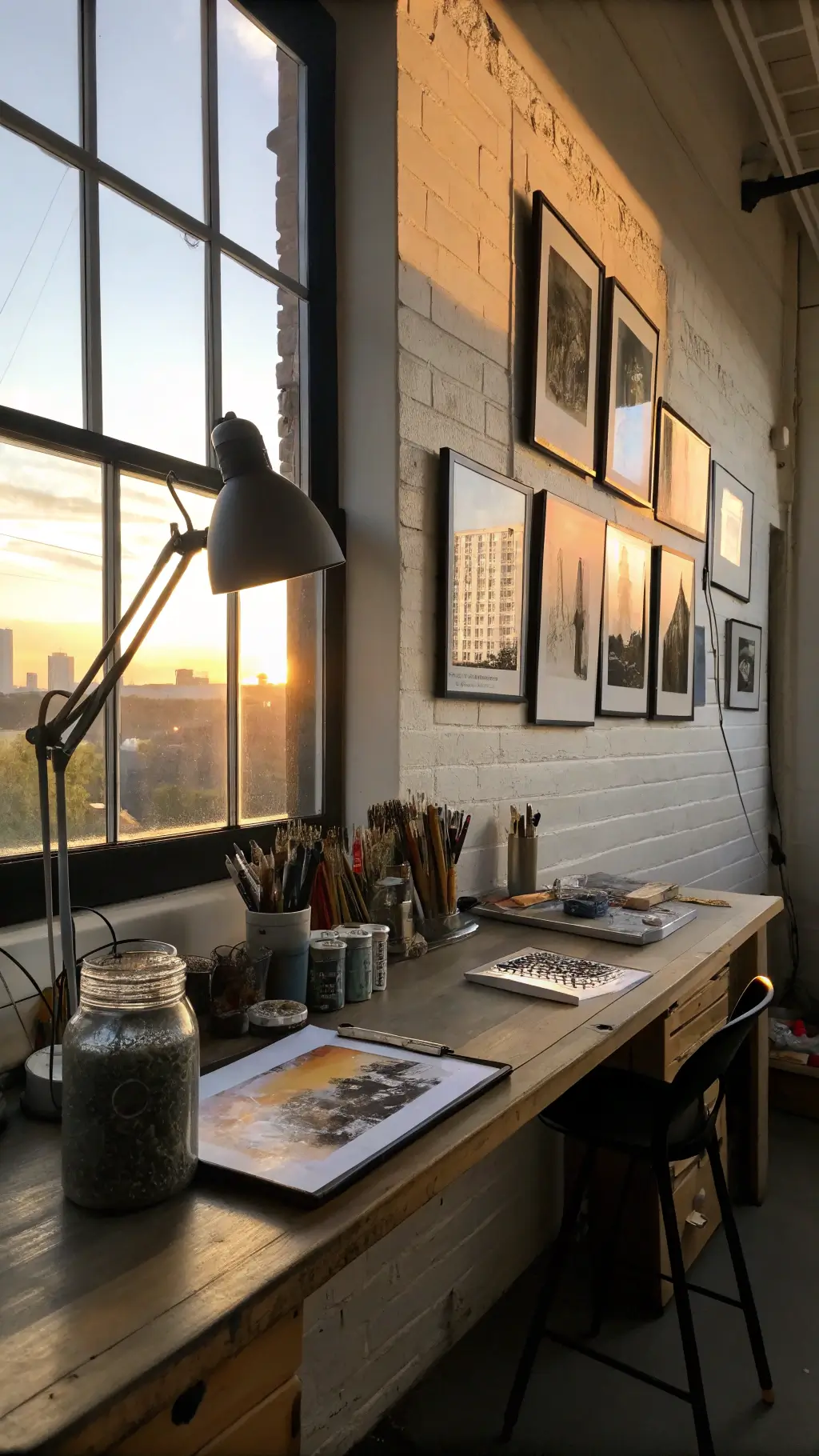 Industrial-style creative workspace with split lighting, mason jars of art supplies catching the golden hour glow, and a gallery wall of black and white photography.