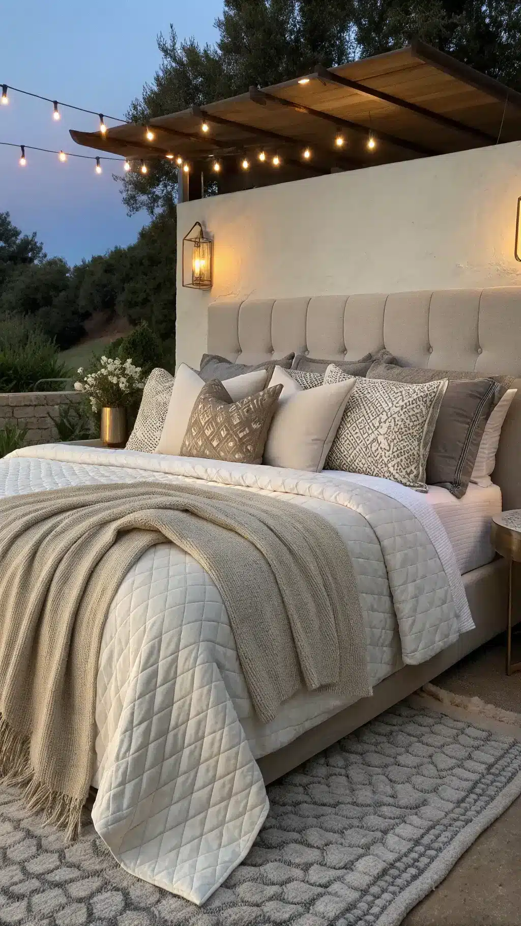 Cozy bed at dusk with layered bedding in ivory, oatmeal, and fog gray, oversized headboard, brass reading sconces, and textural throw pillows