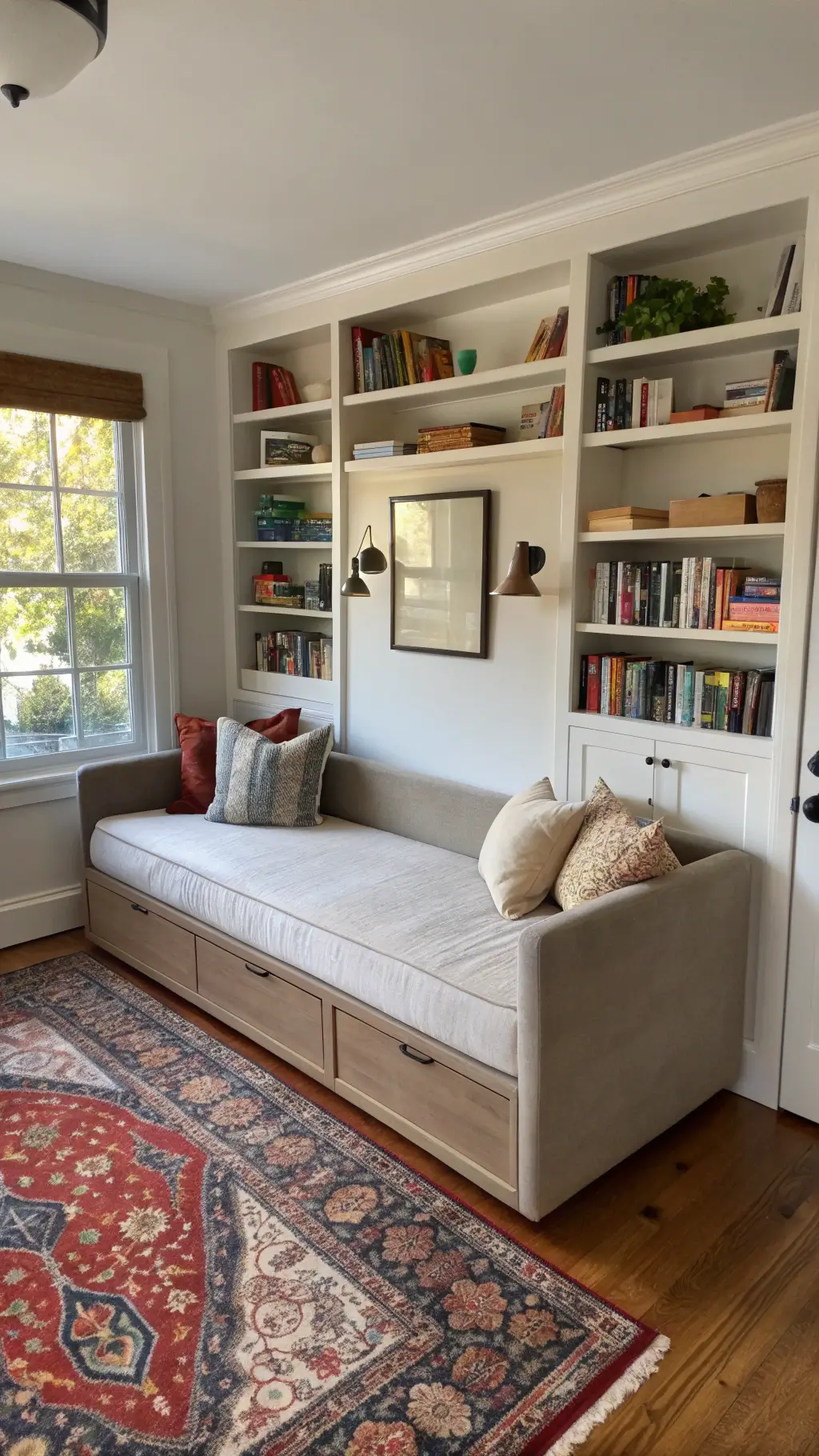 Convertible daybed in a multi-functional living area with floating shelves, vintage Persian rug, shot in morning light at a 45-degree angle.
