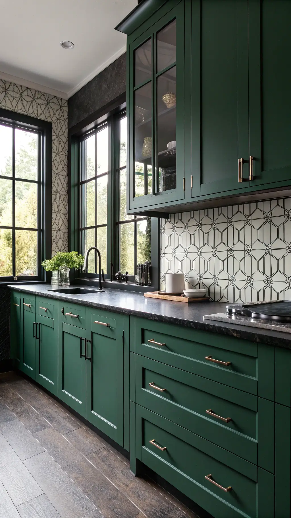 Contemporary kitchen with emerald green cabinets, black soapstone countertop, geometric tile backsplash, and matte black hardware, lit by morning sunlight filtering through steel-framed windows