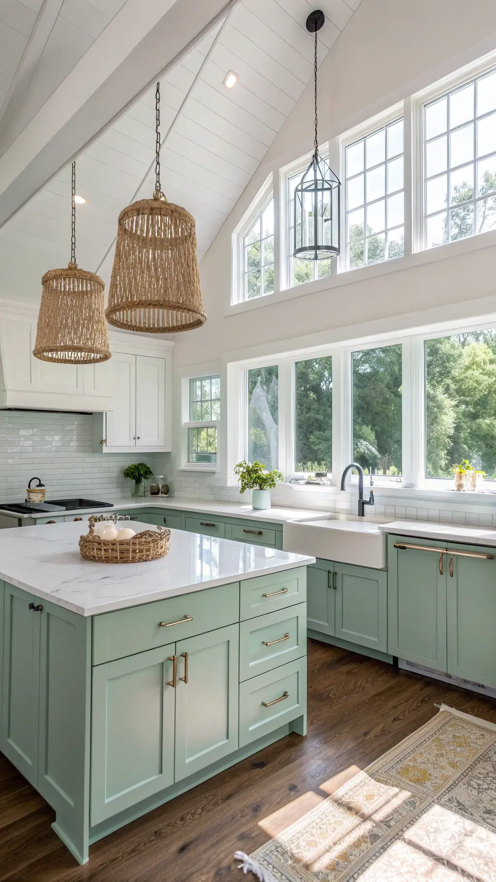 Modern farmhouse kitchen with mint green lower cabinets, white upper cabinets, double-height windows, polished nickel hardware, white quartz waterfall island, and woven pendant lights, captured from an elevated view