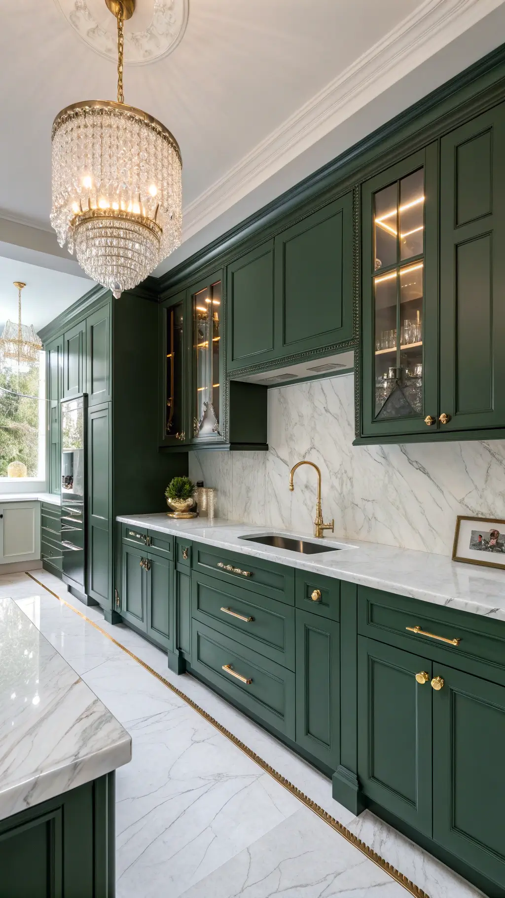 Sophisticated kitchen with forest green cabinets, unlacquered brass handles, marble backsplash, and a crystal chandelier, lit by soft box lighting at a 45-degree angle