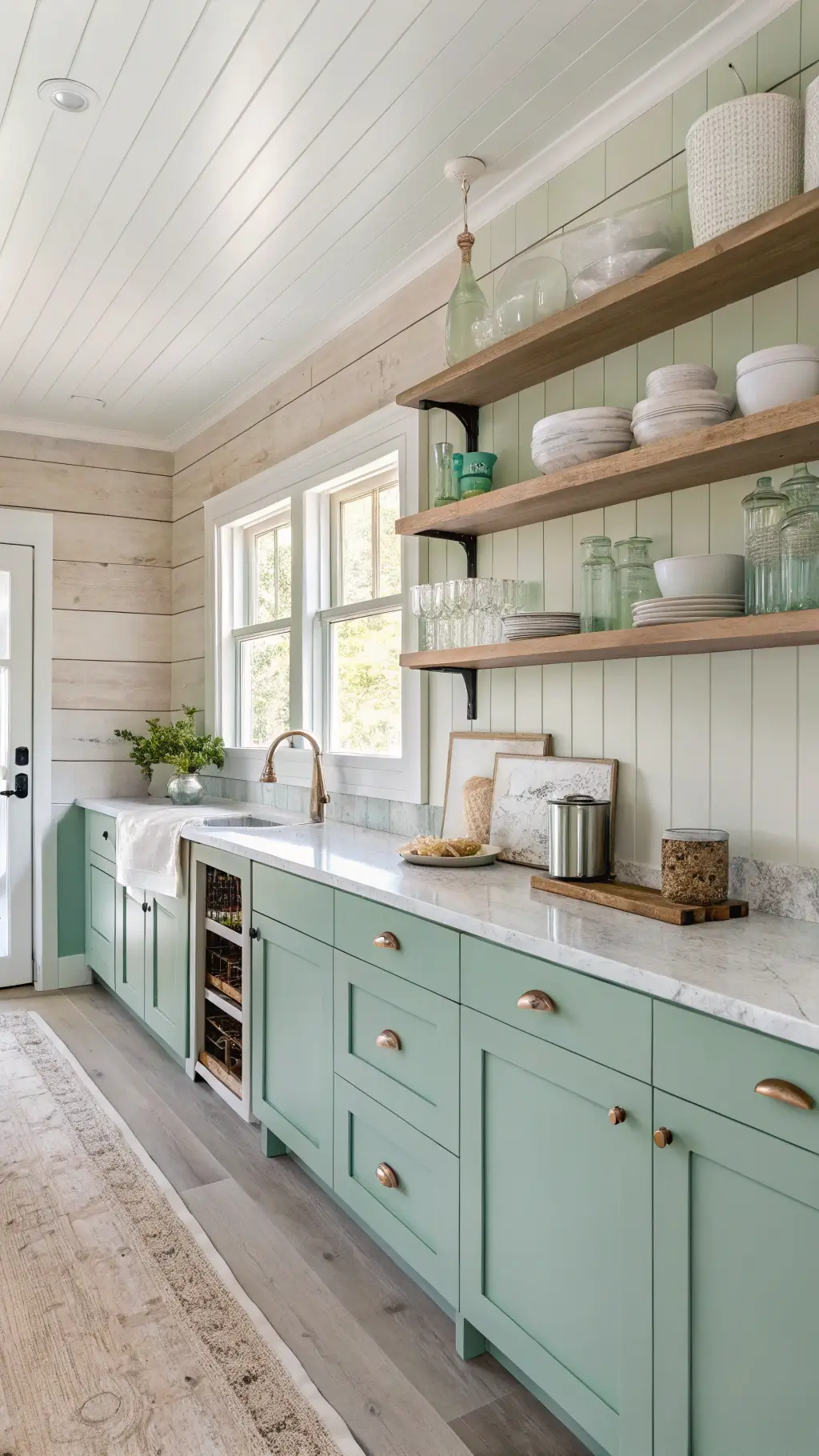 Coastal-inspired kitchen with seafoam green cabinets, bleached oak open shelves displaying ceramics and sea glass on a shiplap wall, and limestone counters under early morning light
