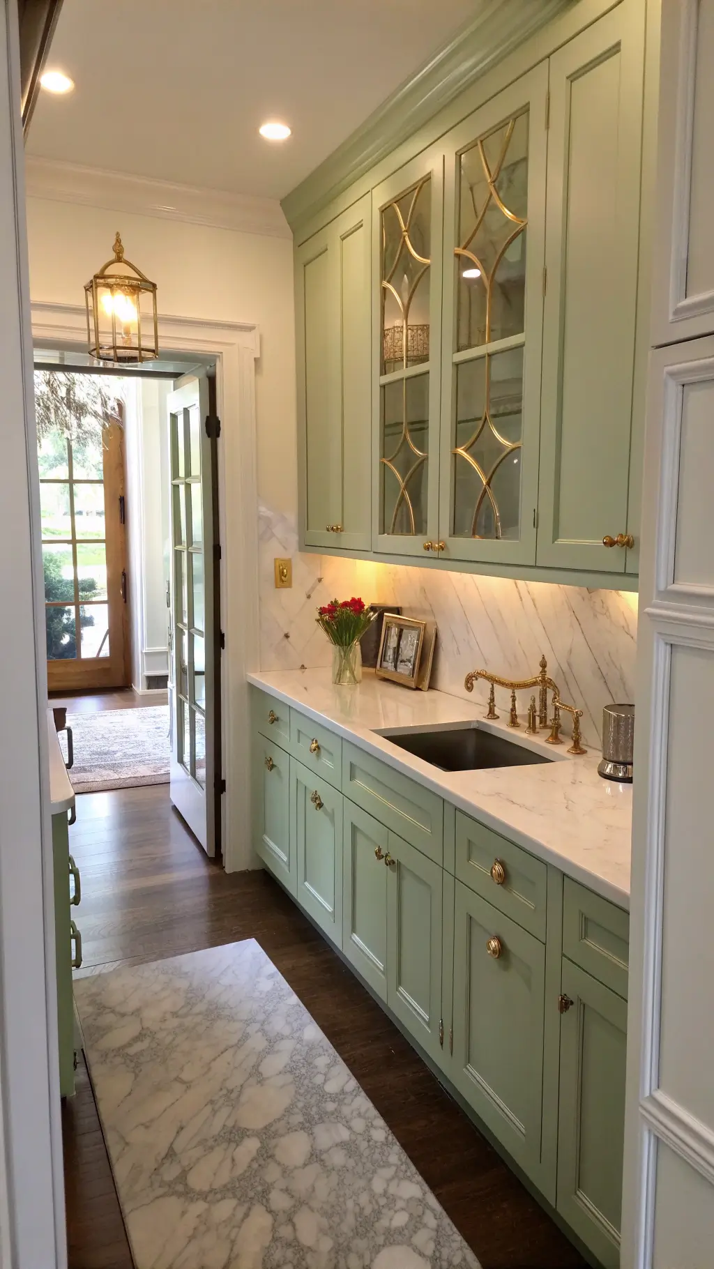 Petite galley kitchen with pistachio green cabinets, white marble counters, antique mirror backsplash, and gilded hardware