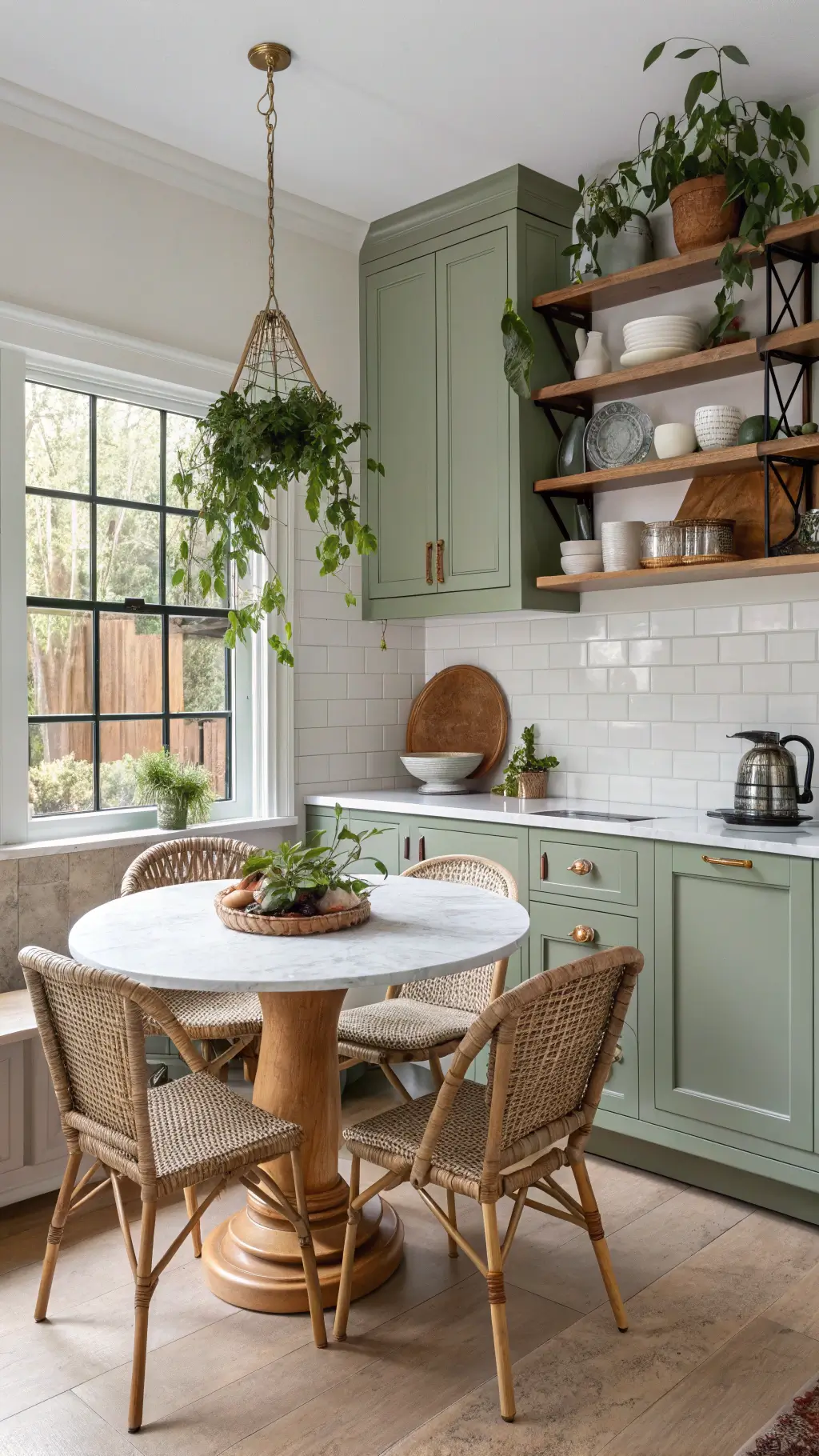 Cozy kitchen nook bathed in soft light with sage green base cabinets, oak uppers, vintage rattan chairs around a marble table, trailing plants on shelves, and gleaming copper cookware against subway tile backsplash.
