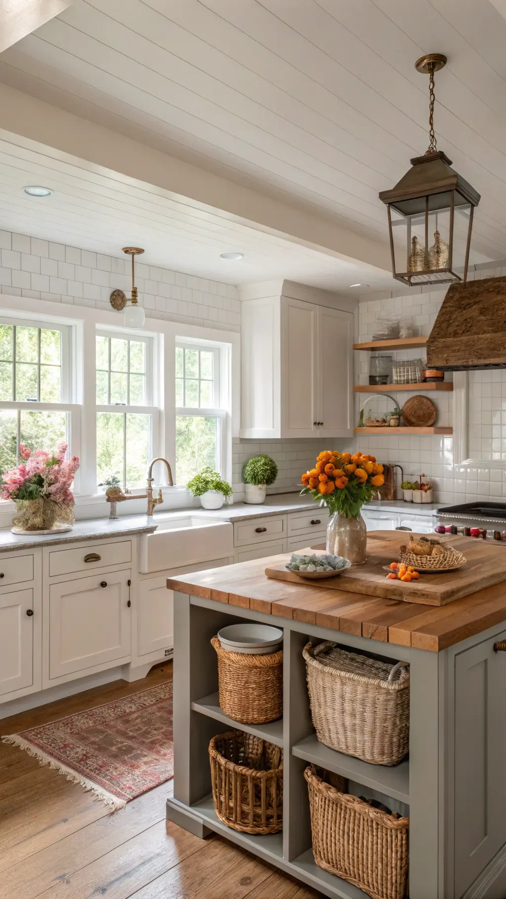 Bright and chic farmhouse kitchen with white upper cabinets, gray lower cabinets, natural light coming in from the divided windows, a hardwood butcher block island with vintage enamelware and fresh flowers, accented by woven baskets and aged copper elements.