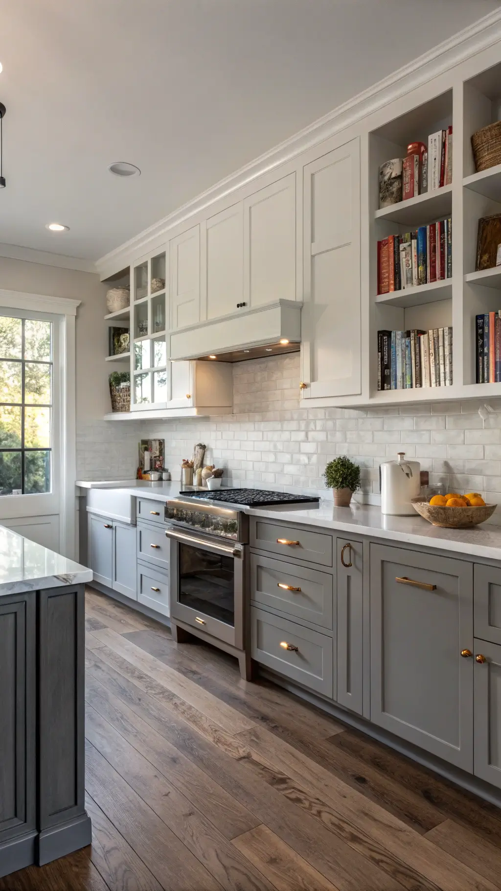 Open-concept kitchen with two-tone gray scheme, pale upper cabinets, graphite lower cabinets, engineered oak floors, styled with artisanal ceramics and cookbooks, shot at golden hour from dining area.