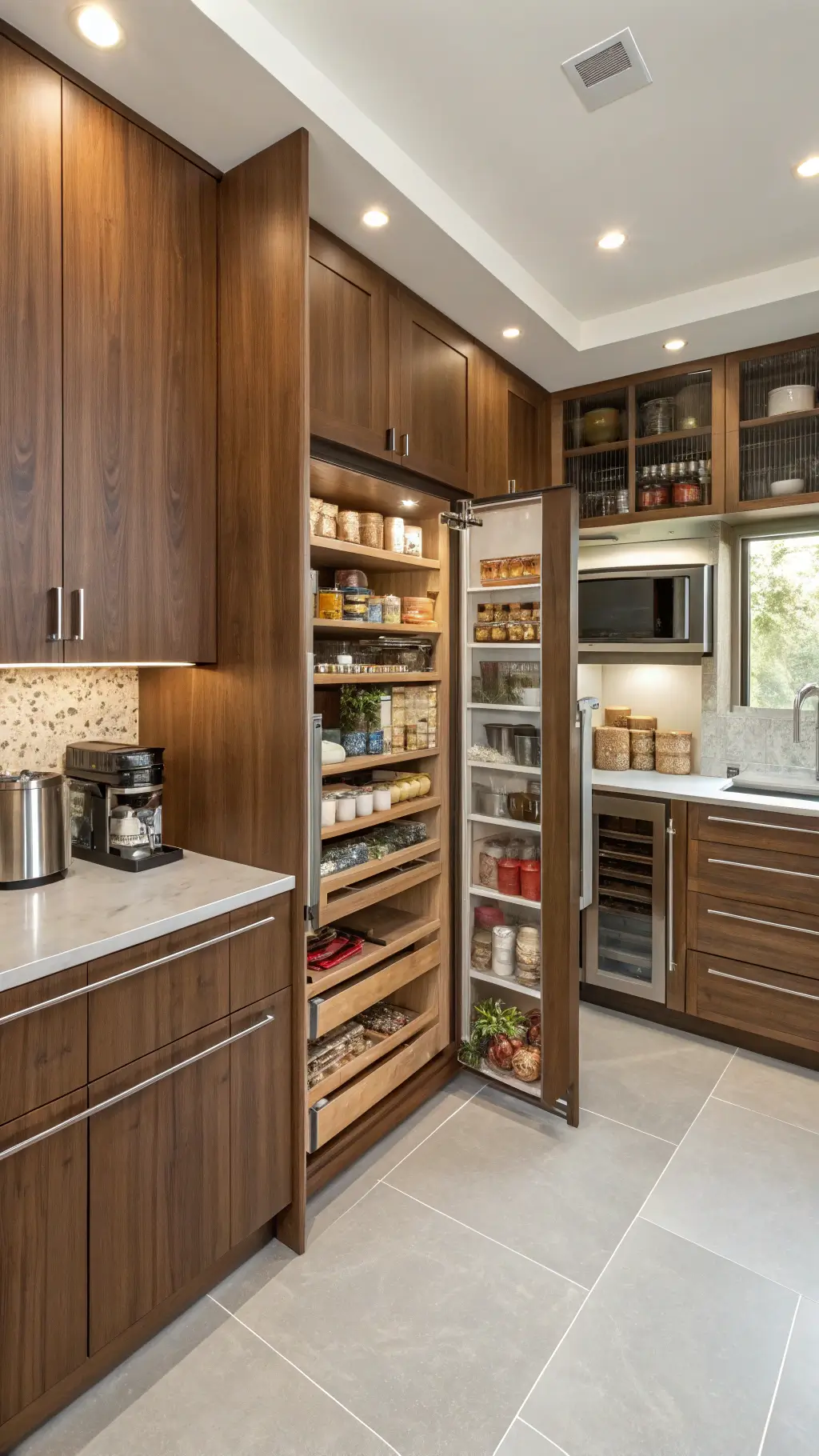 Overhead view of a 16x20ft contemporary kitchen with custom walnut storage solutions, pull-out pantry systems, vertical dividers, and appliance garage, showcasing mixed materials like frosted glass, brushed nickel, and concrete countertops, styled with organized pantry items and professional kitchen equipment in bright midday light.