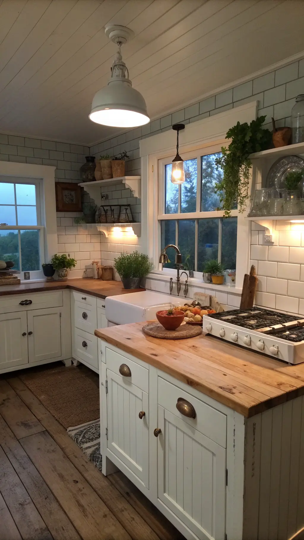 A charming 9x11ft cottage kitchen at dusk, featuring distressed white cabinets, a butcher block island with a white pendant, cream Aga range, pale blue-grey walls, white subway tiles, rustic pine floors, and fresh herbs on windowsill in soft, diffused lighting.