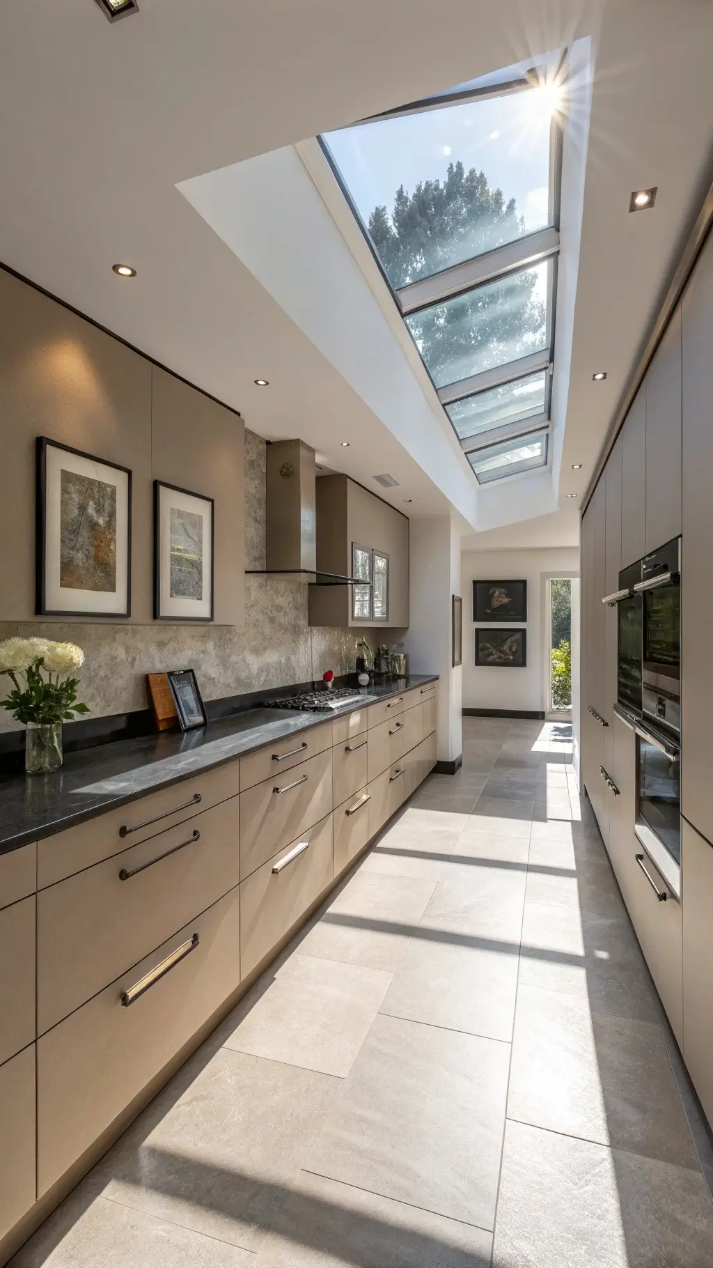 Modern kitchen with taupe cabinets, black stone counters, skylight, floor-to-ceiling windows, and minimalist decor features viewed from bird's eye perspective.