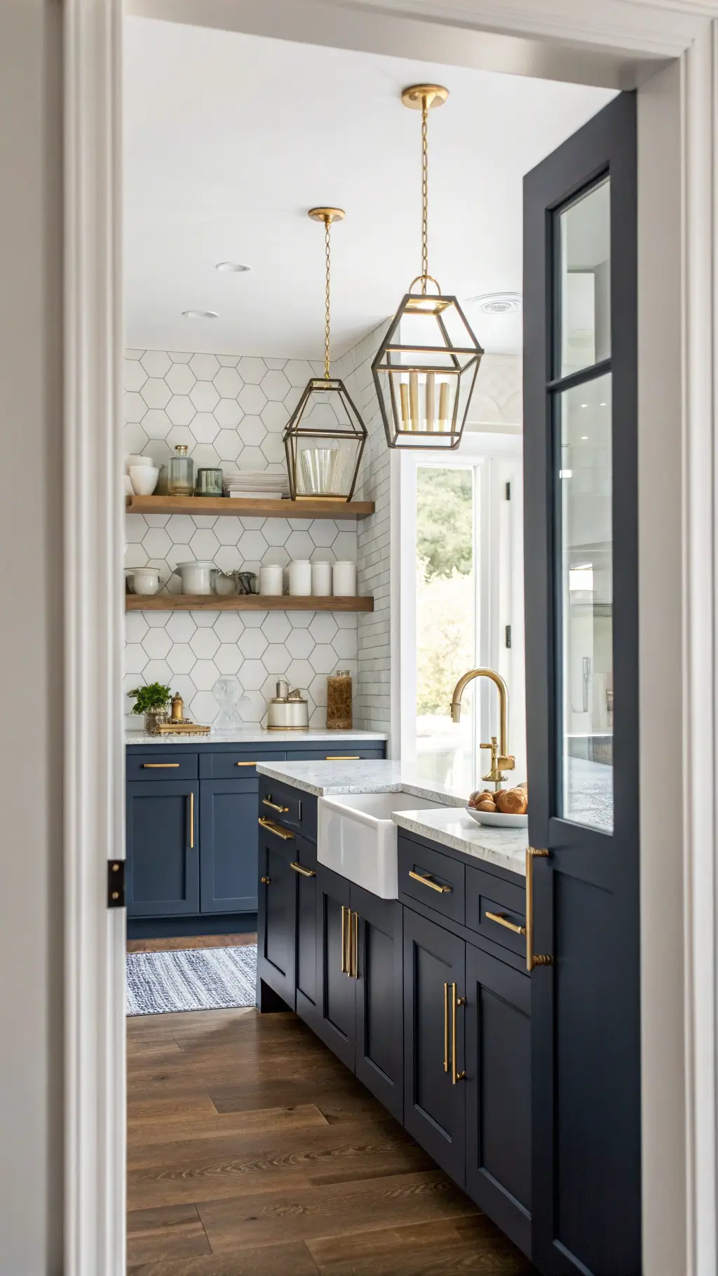 Bright morning light illuminates a kitchen with navy shaker cabinets, marble hexagon backsplash, brass pendant lights over a long island, and white ceramics on open shelving, viewed through a doorway.