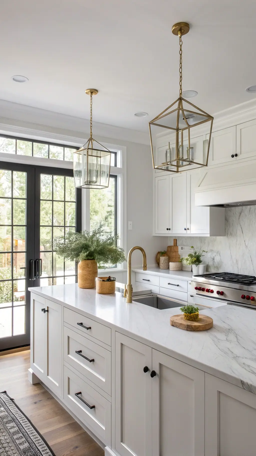 Bright contemporary kitchen with white Shaker cabinets, pale gray walls, a marble backsplash, and a quartz waterfall island under brass pendant lights, styled with ceramic vases, wooden boards and fresh herbs.