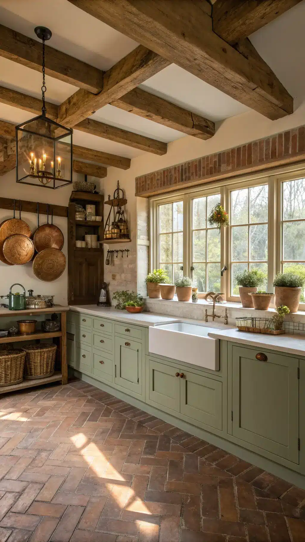 Late afternoon sunlight illuminating a farmhouse kitchen with exposed wooden beams, sage green and cream cabinets with bronze handles, open shelving with antique pottery, herringbone brick flooring, and hanging copper pots, styled with baskets, vintage scales, and fresh wildflowers.
