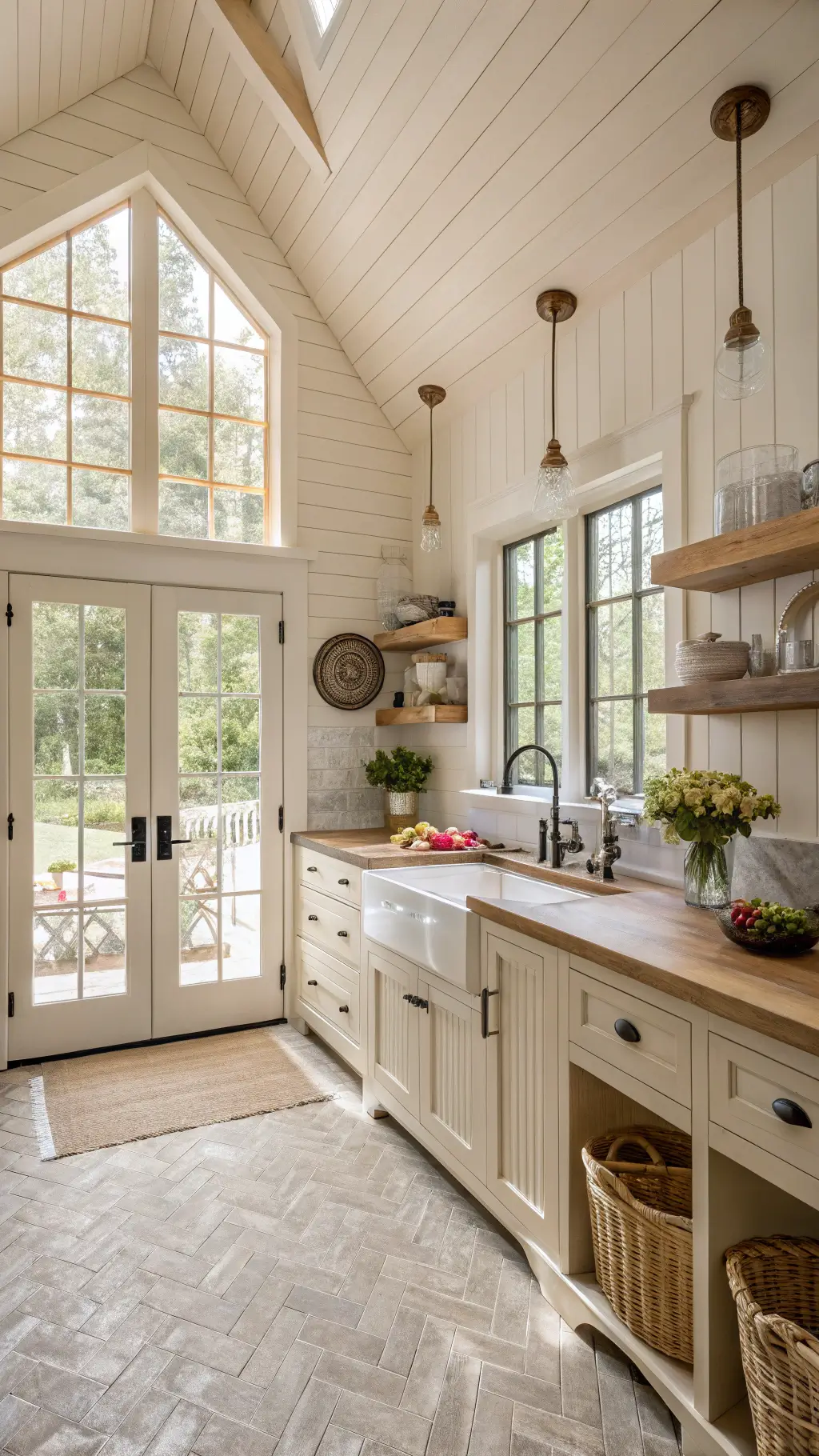 Overhead view of a bright farmhouse kitchen with bleached maple cabinets, herringbone tile floor, ceramic sink, and butcher block island. French doors let in morning light. Open shelves display vintage items. Features include fresh hydrangeas and woven baskets.