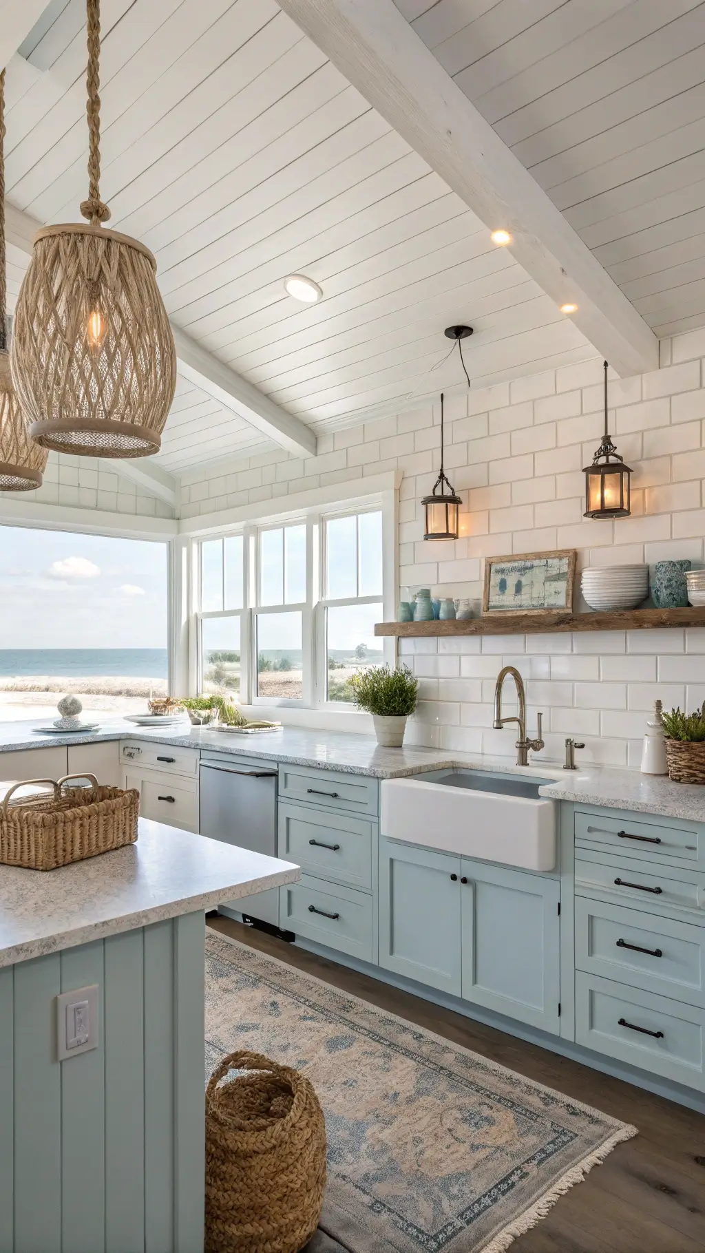 Coastal themed kitchen with white and light blue cabinets, shiplack wall, beach view through the skylight, styled with rattan lights, blue glass vessels, and driftwood accents.